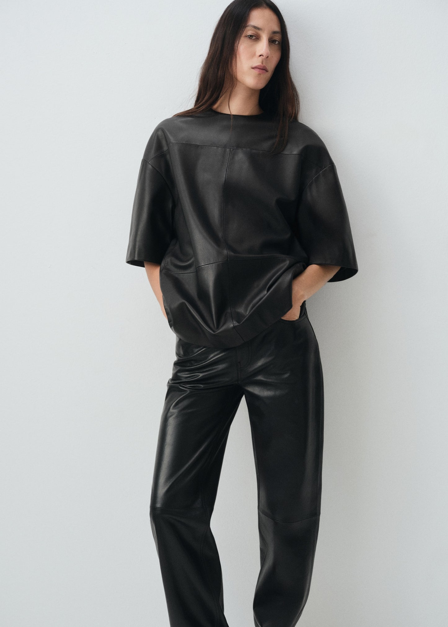 100% leather straight-leg trousers