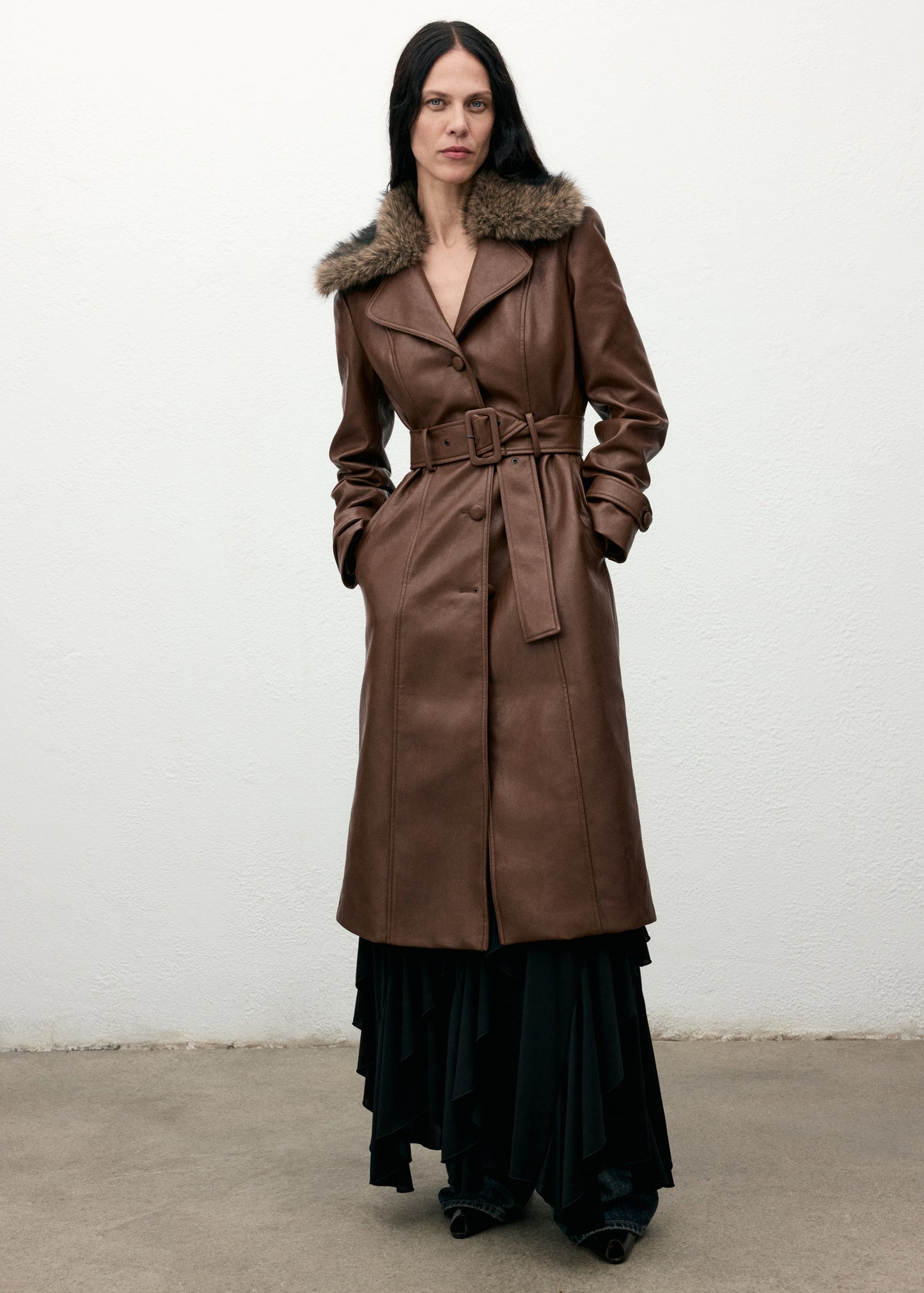 Leather-effect coat with fur collar