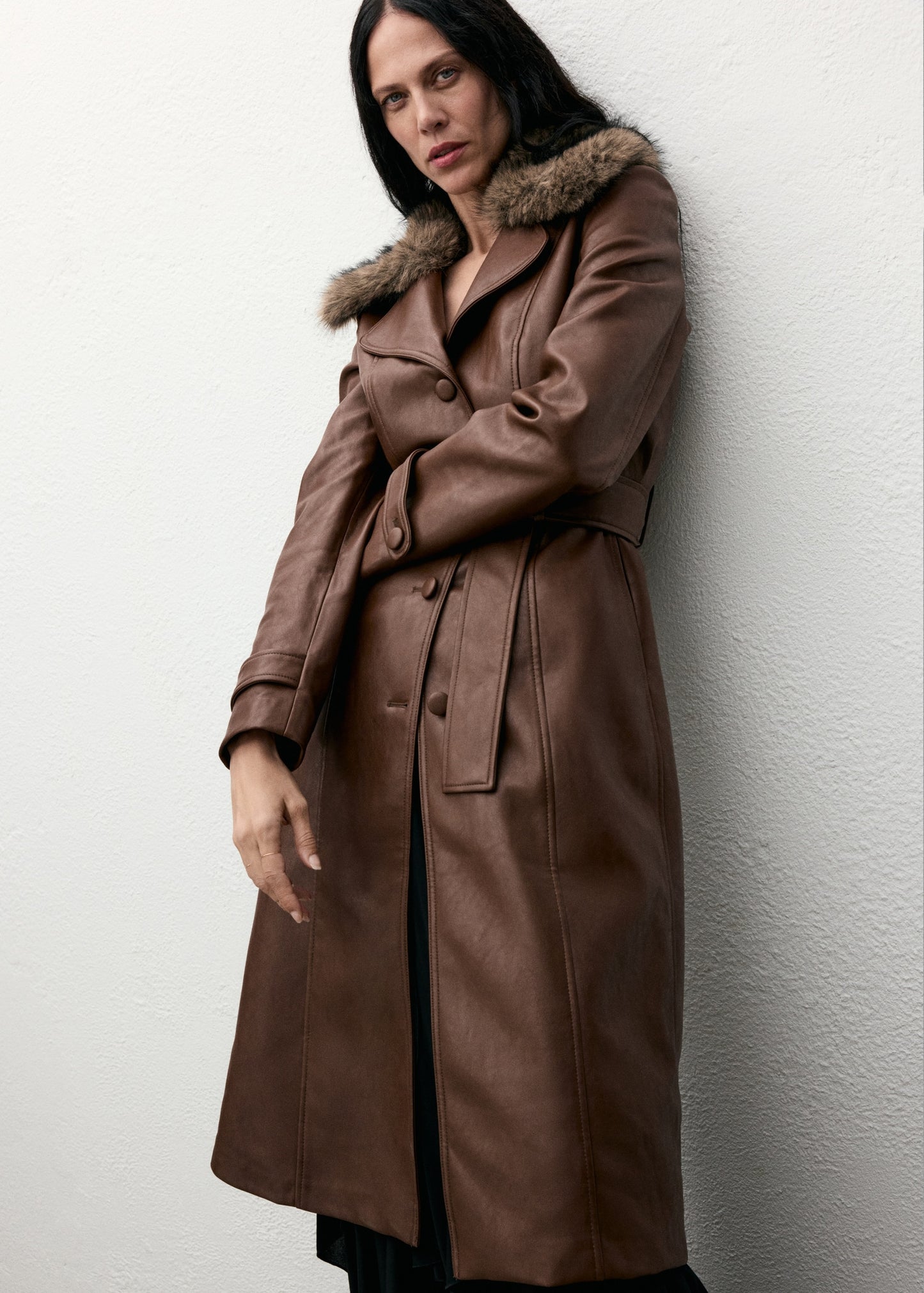Leather-effect coat with fur collar