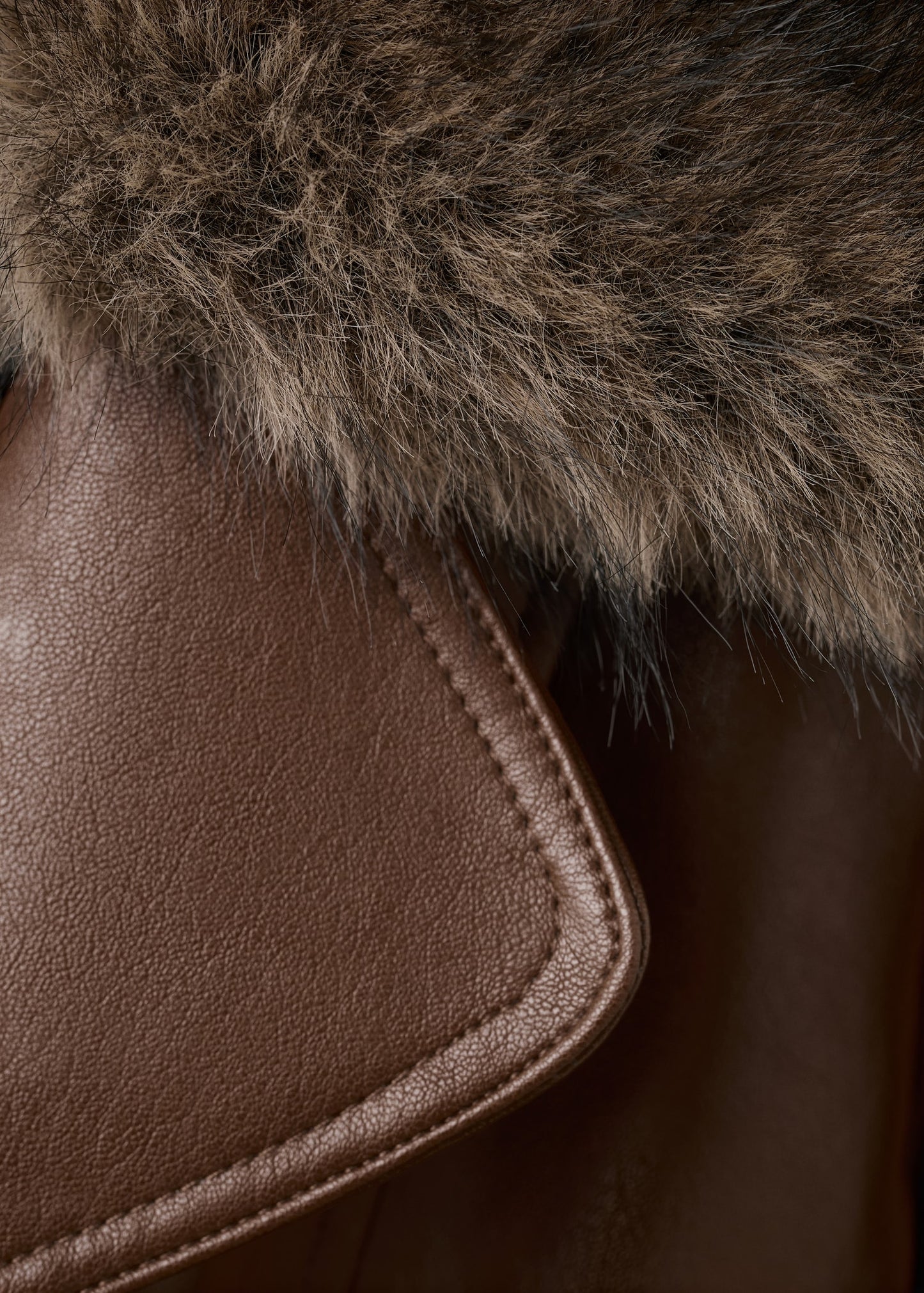 Leather-effect coat with fur collar