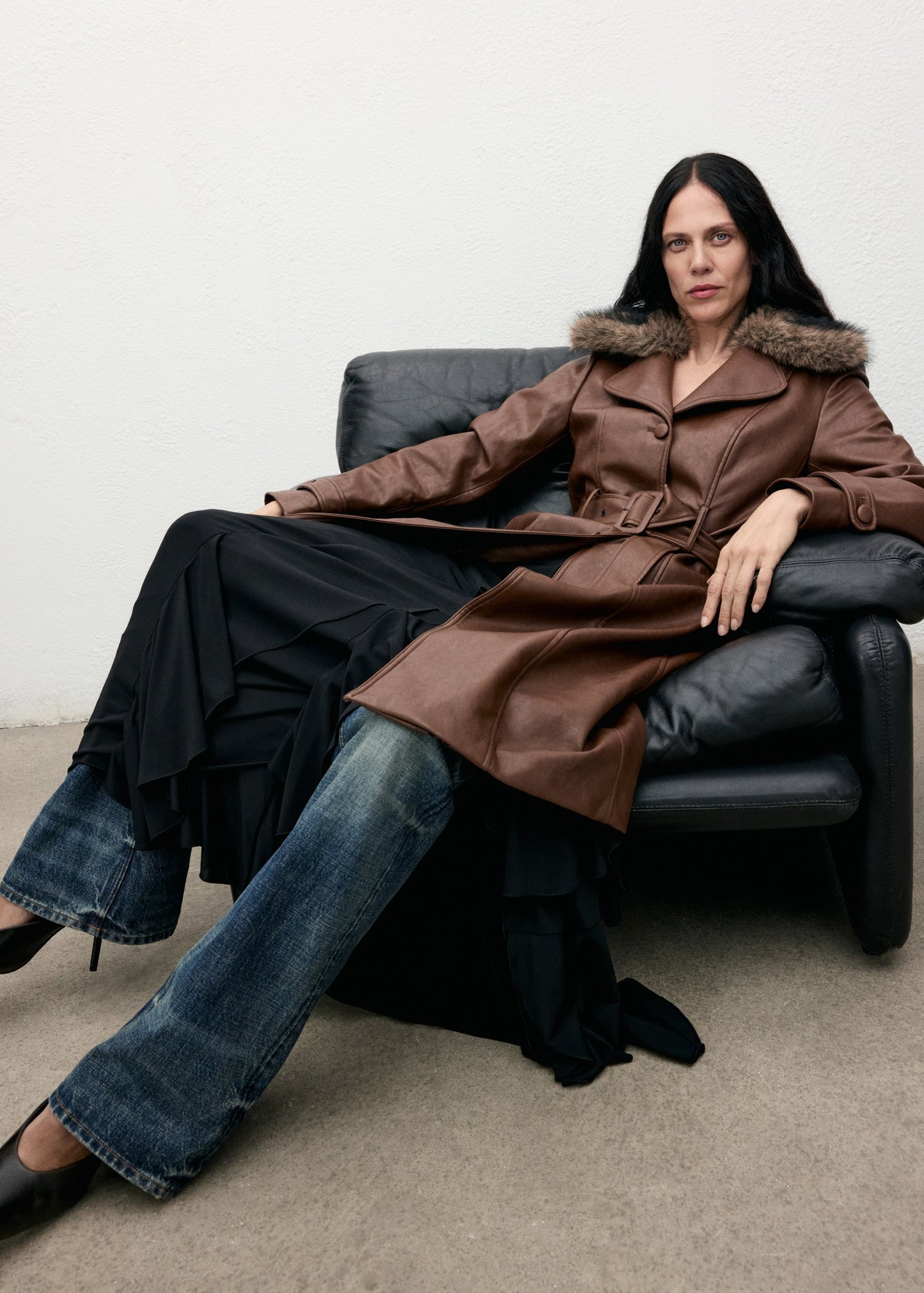 Leather-effect coat with fur collar