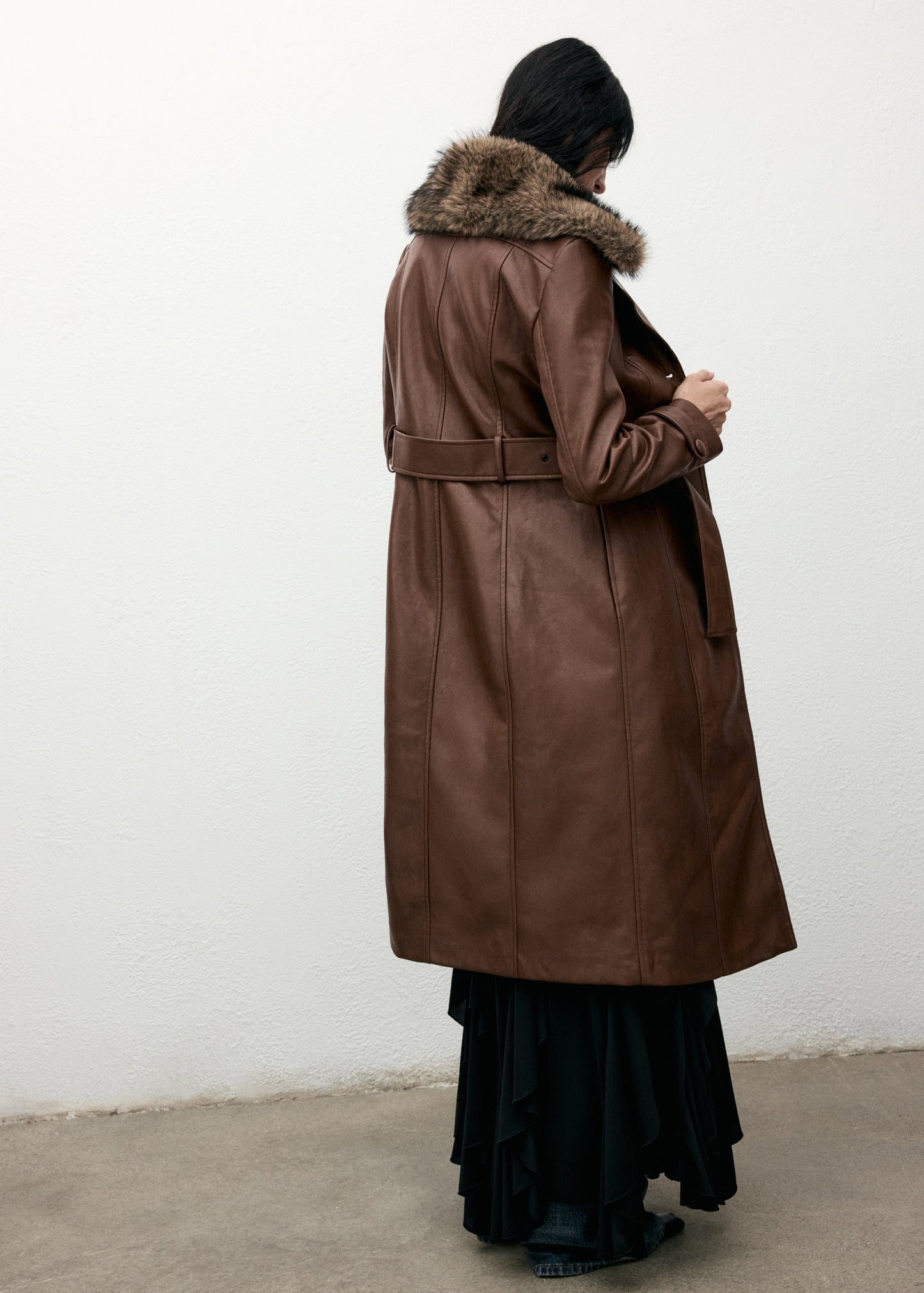 Leather-effect coat with fur collar