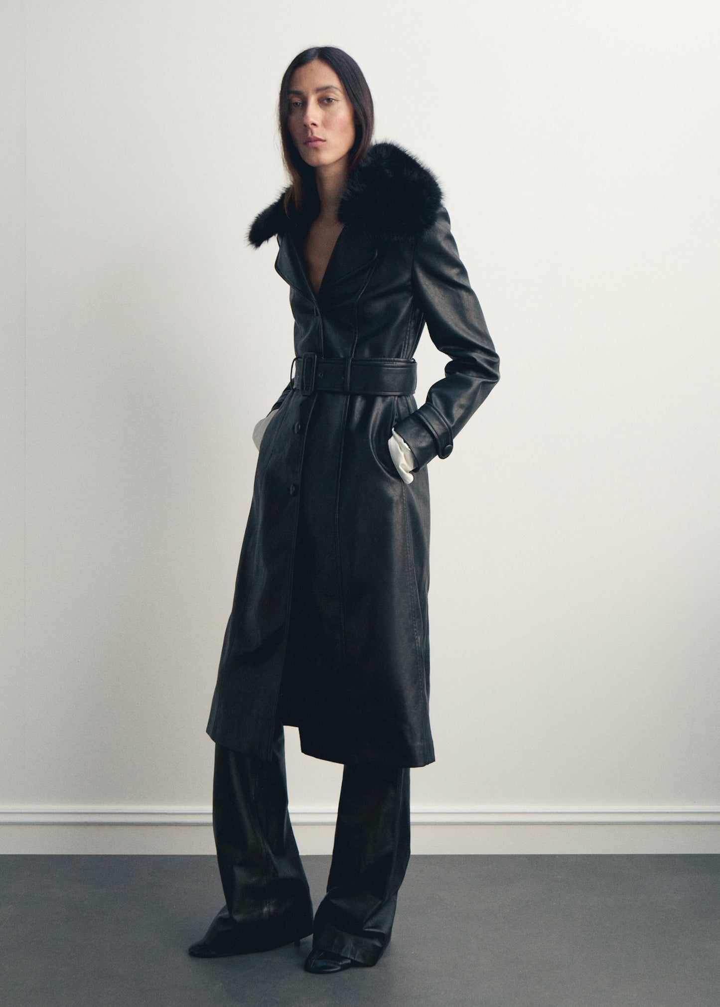 Leather-effect coat with fur collar
