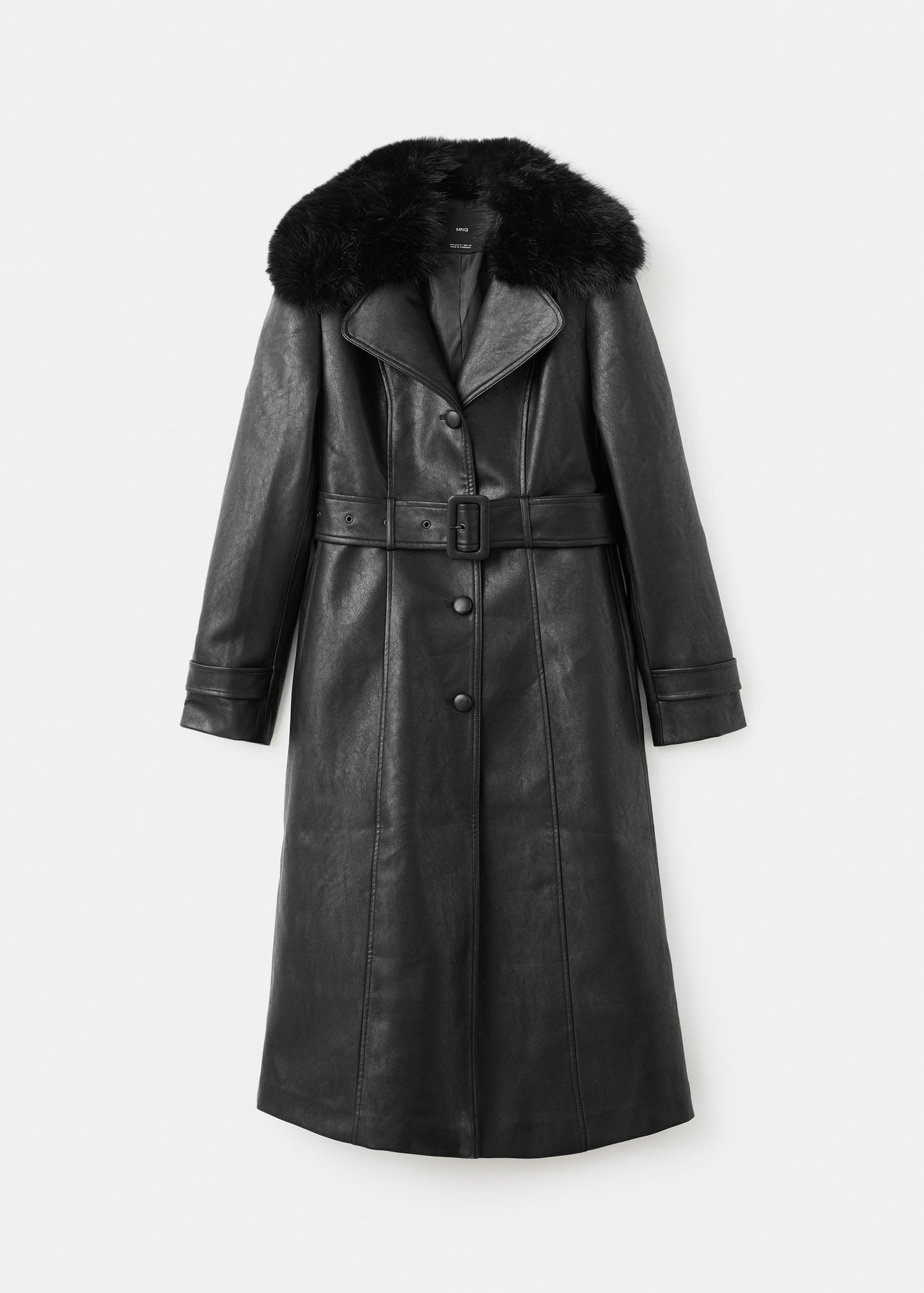 Leather-effect coat with fur collar