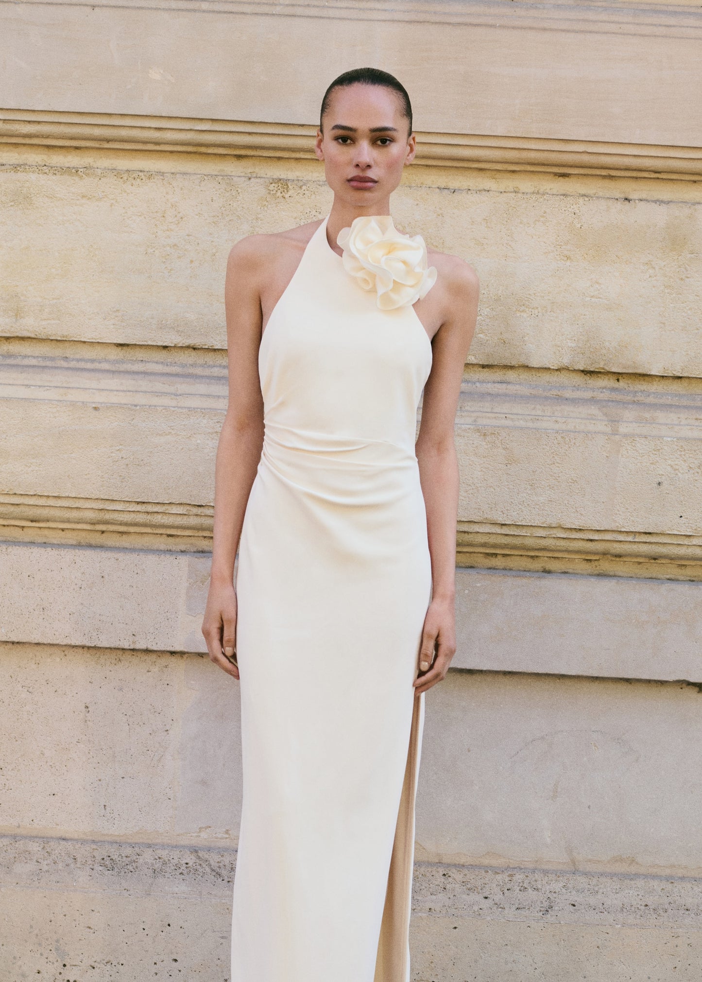 Draped halter-neck dress with flower motif