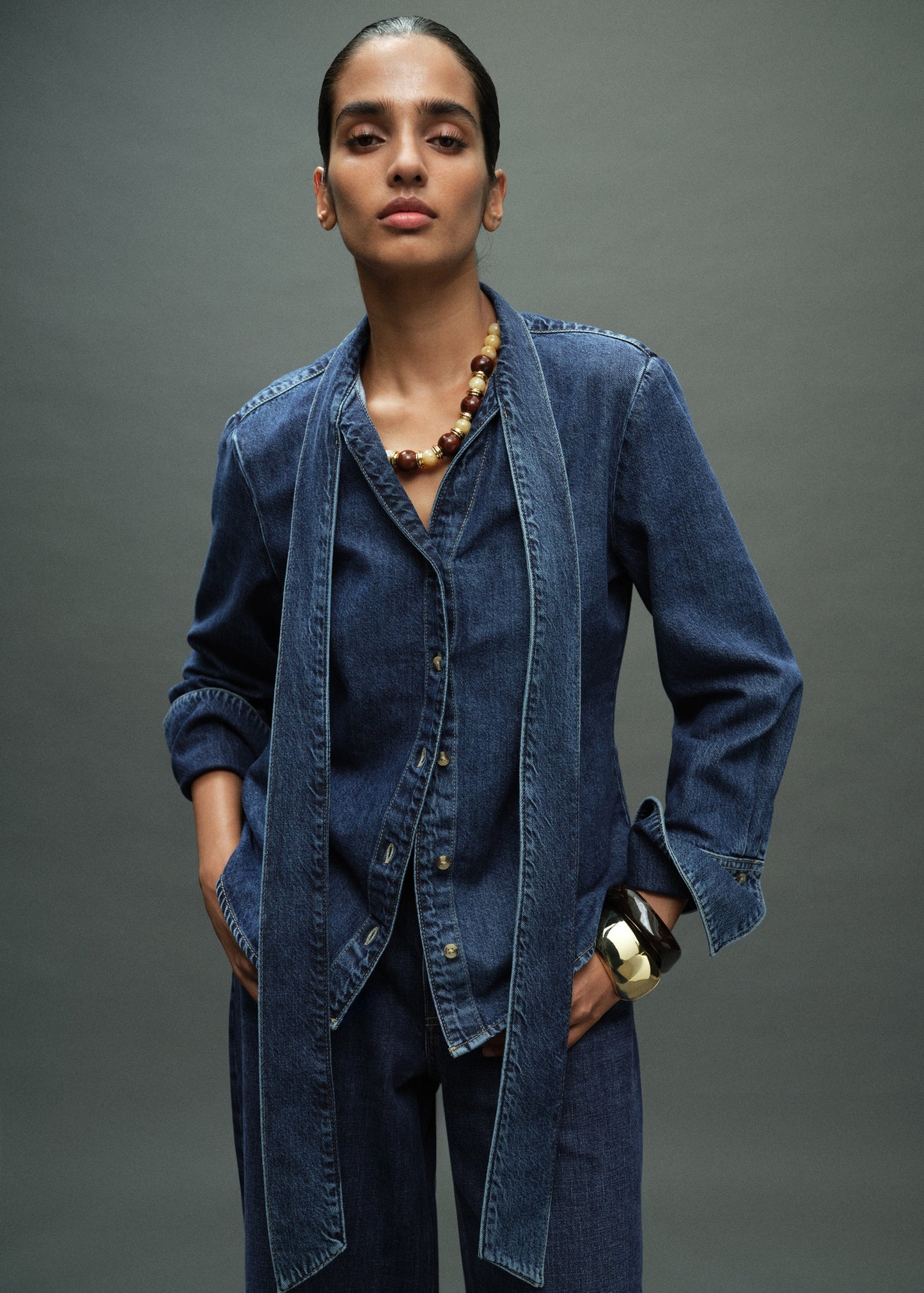 Denim shirt with bow