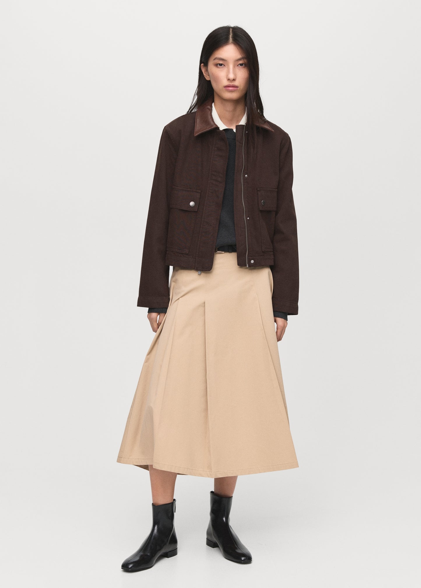 Denim parka with leather-effect collar