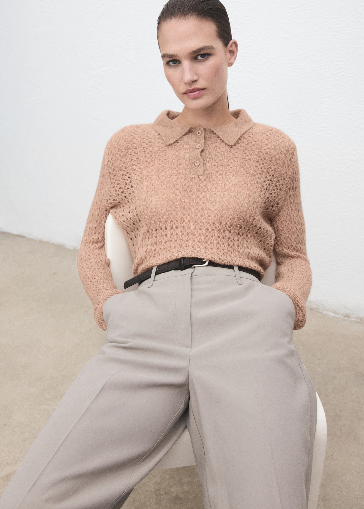 Openwork knitted polo-neck sweater