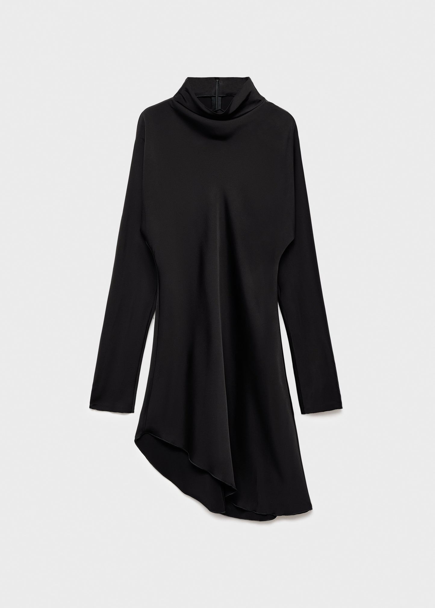 Asymmetrical satin-finish dress with asymmetrical hem