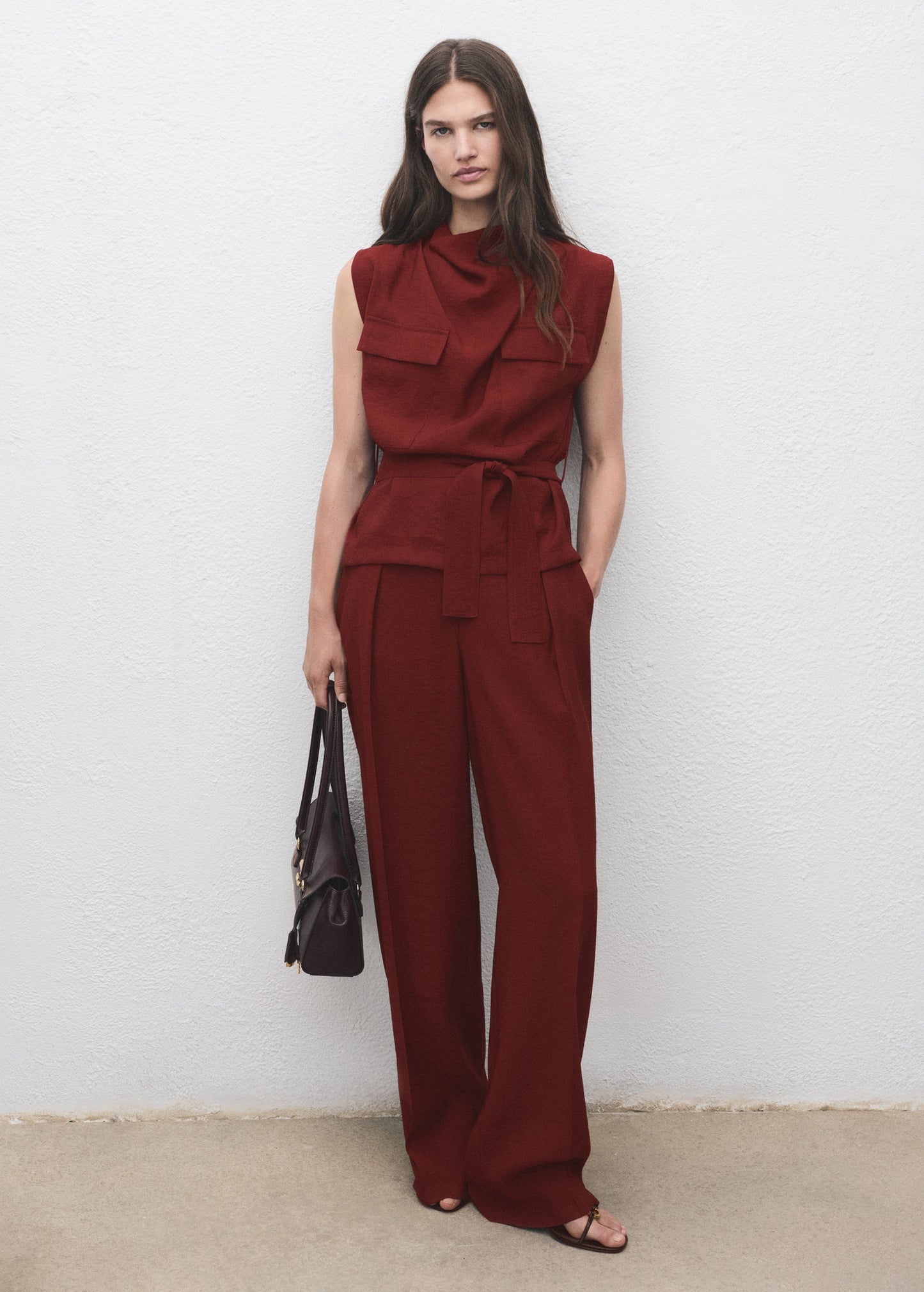 Blouse with draped neck and belt
