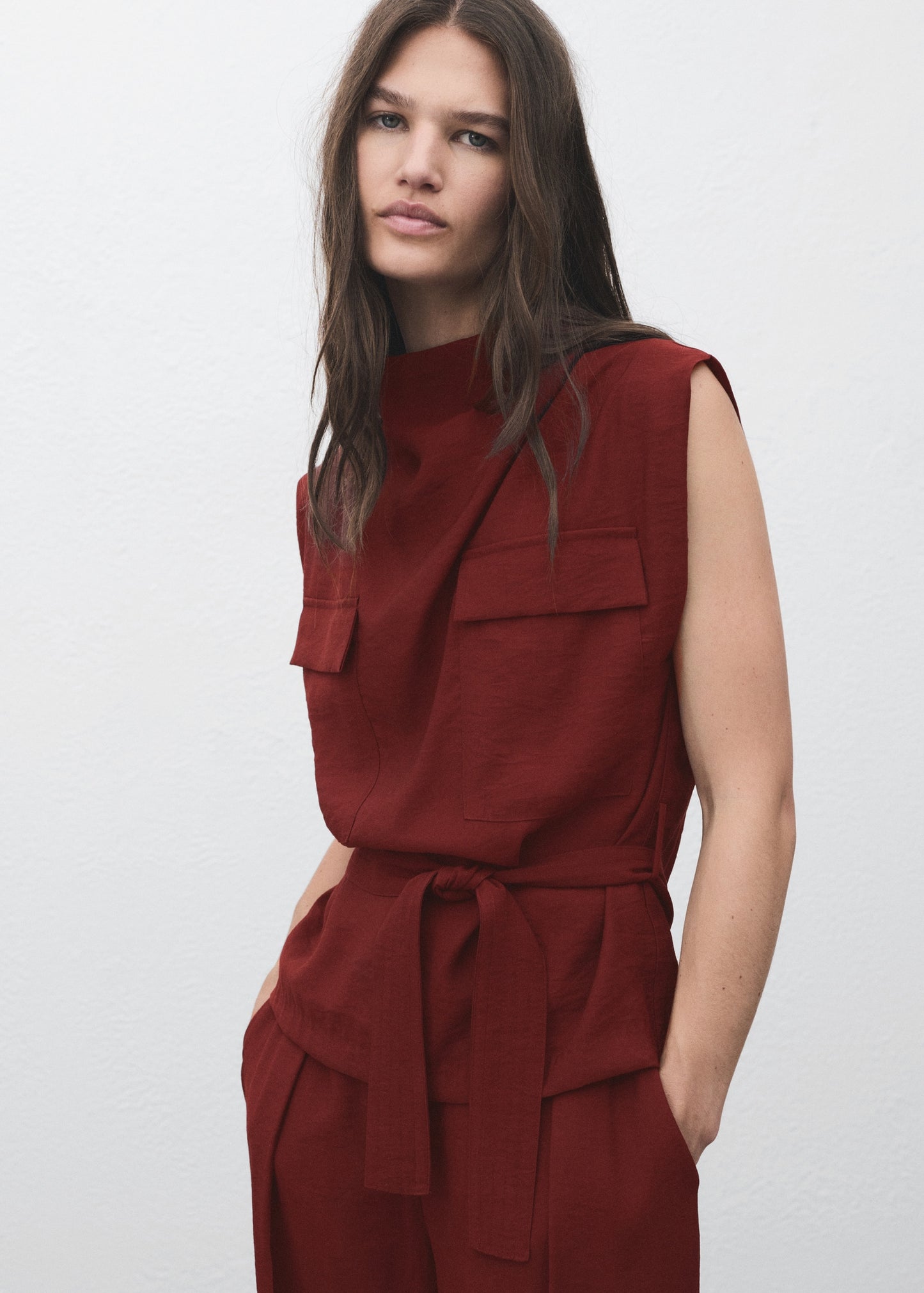 Blouse with draped neck and belt