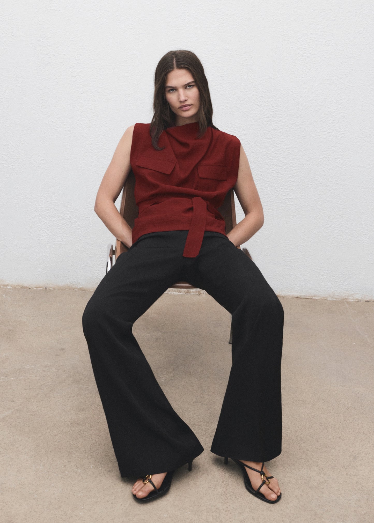 Blouse with draped neck and belt