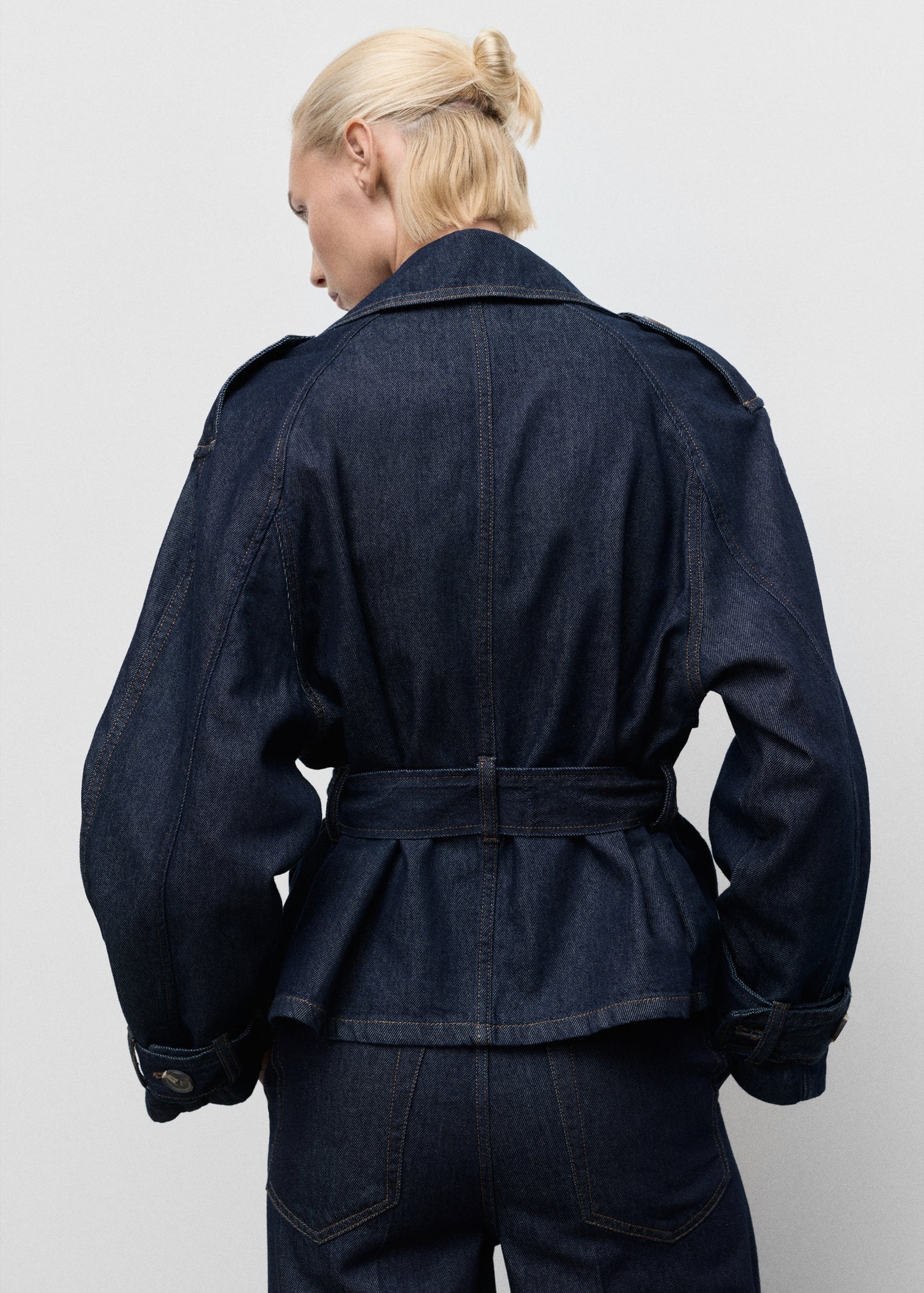 Short denim trench coat with belt