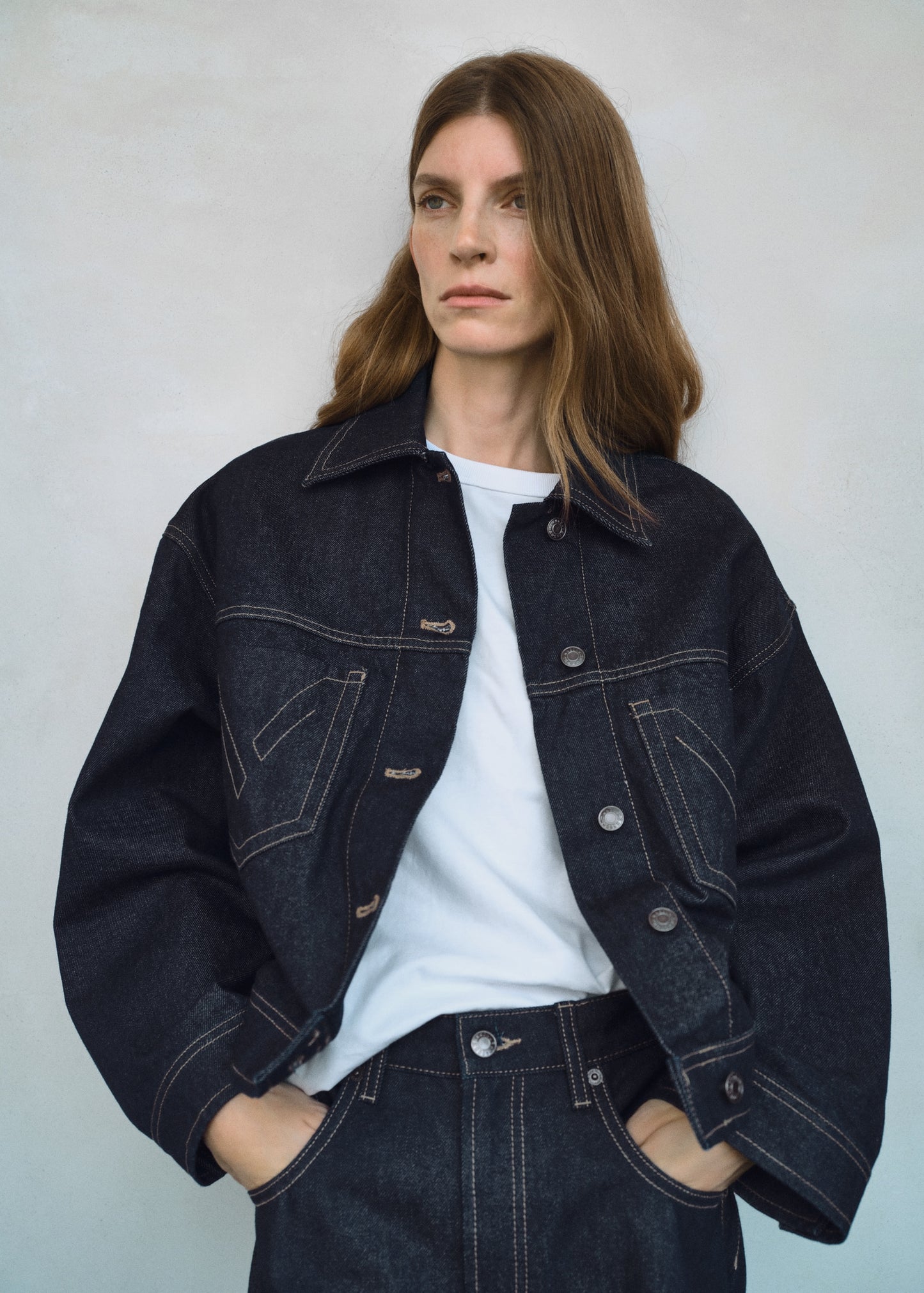 Denim jacket with decorative stitching