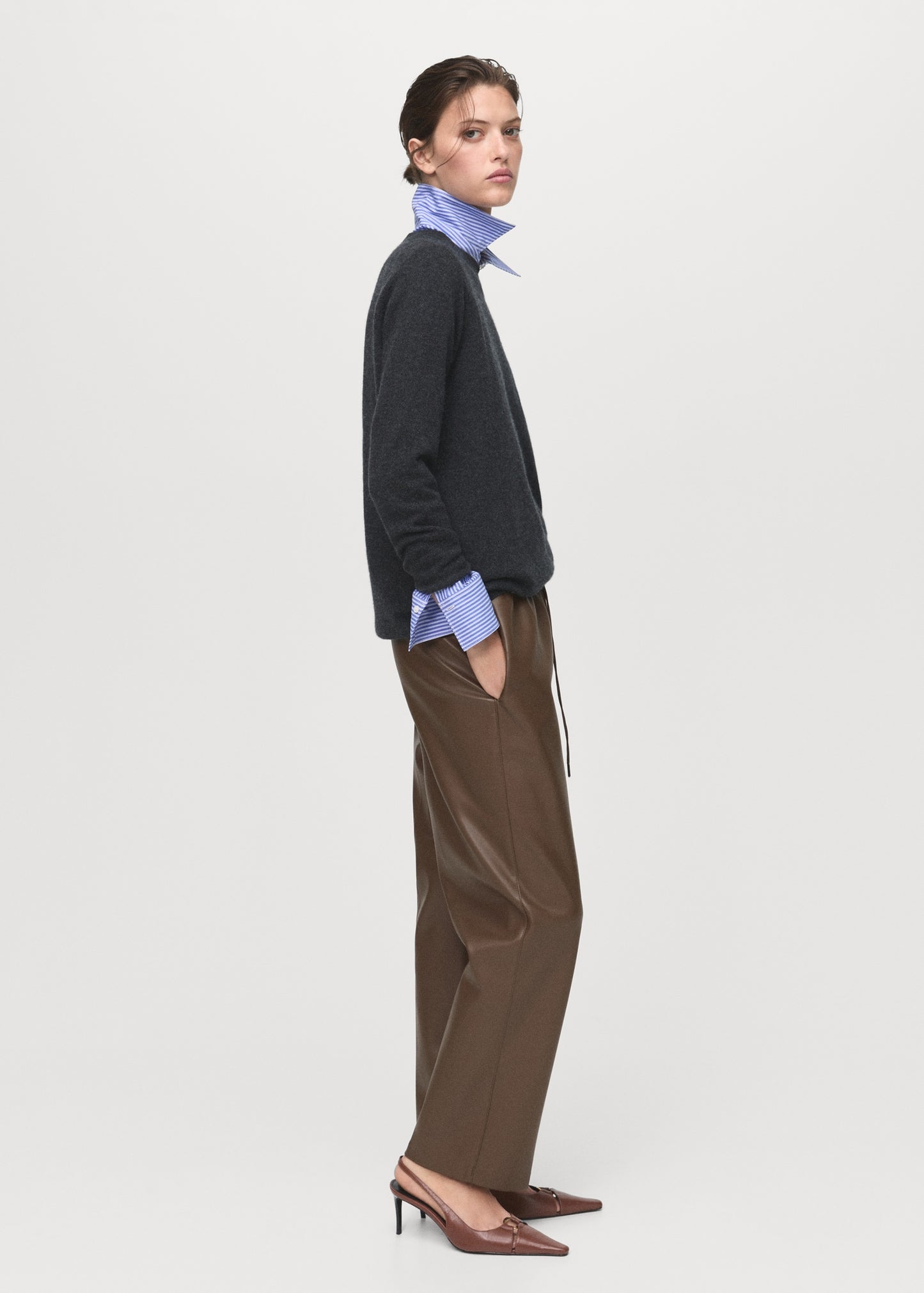 Leather-effect elastic waist trousers