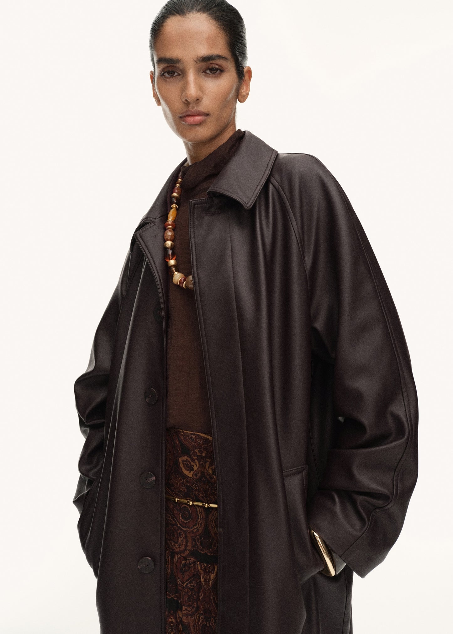 Long leather-effect trench coat