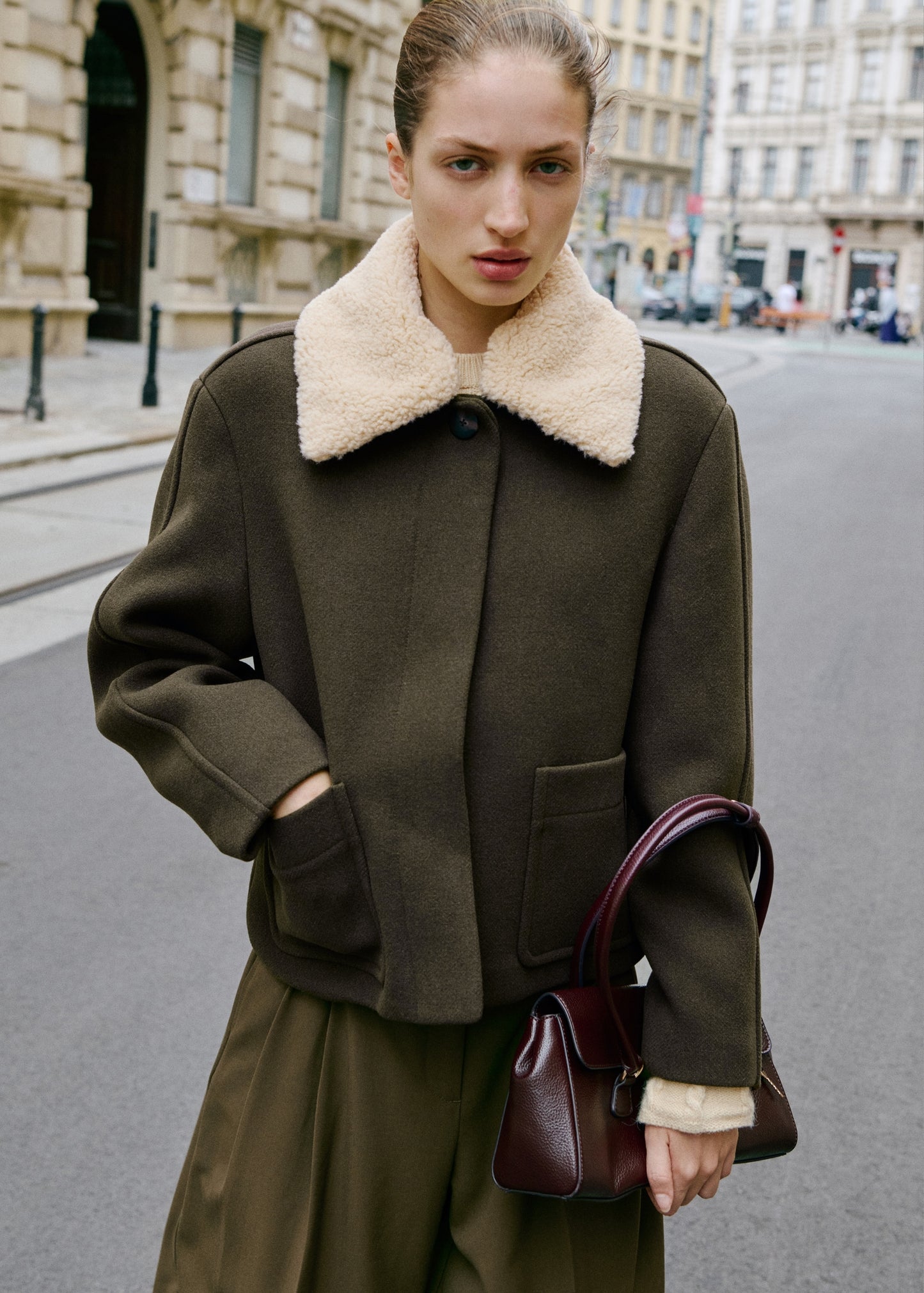 Wool blend jacket with shearling collar