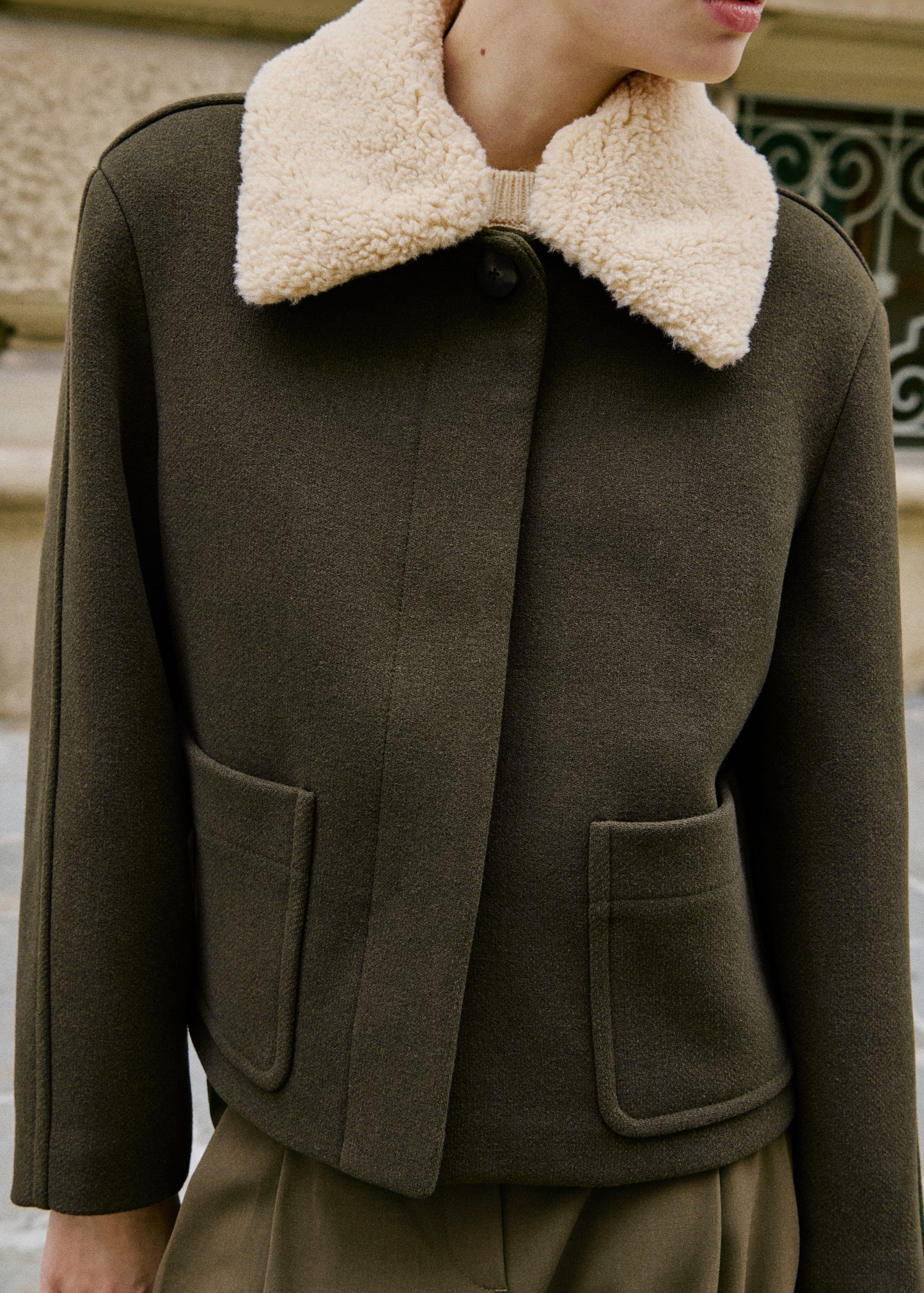 Wool blend jacket with shearling collar