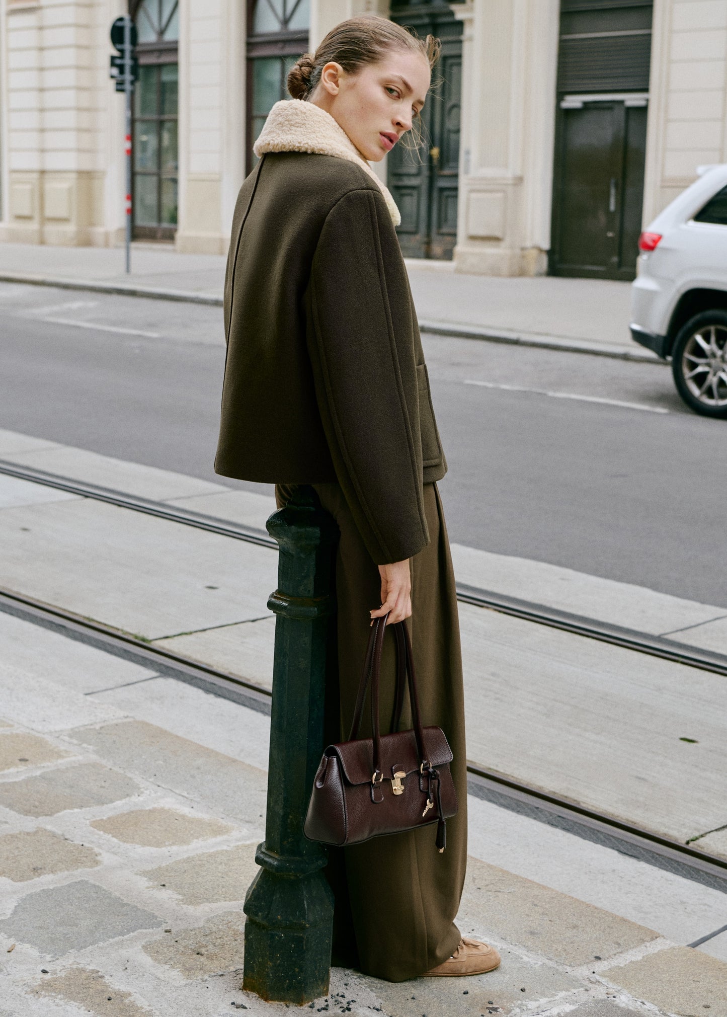 Wool blend jacket with shearling collar