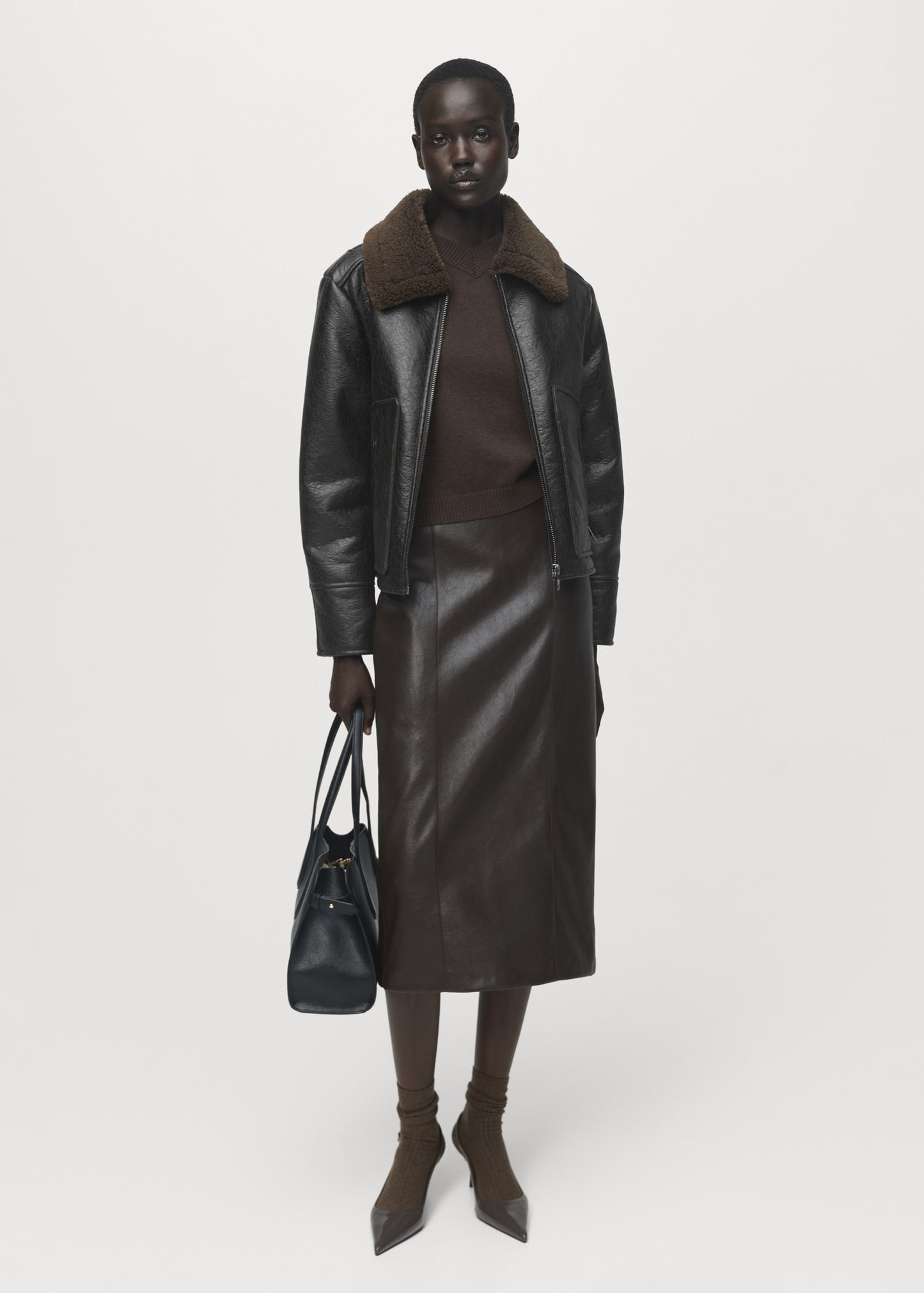 Leather-effect jacket with shearling collar