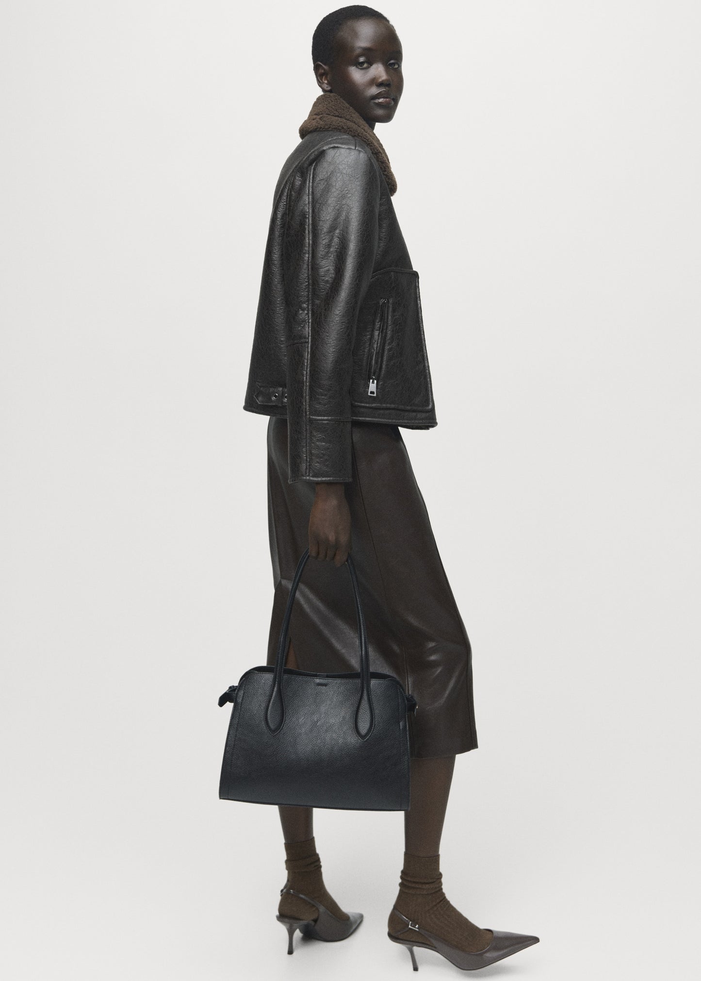 Leather-effect jacket with shearling collar