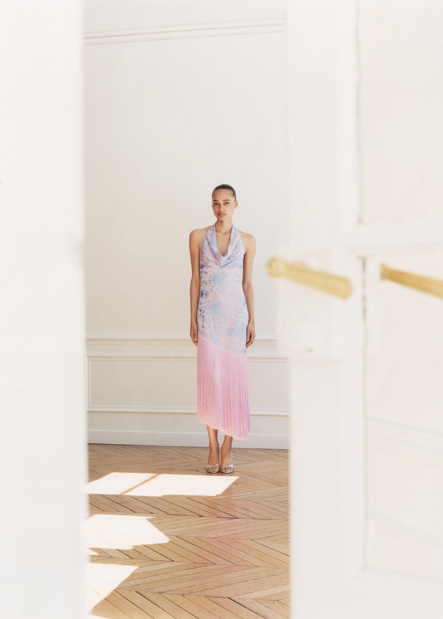 Asymmetrical dress with embroidered fringes