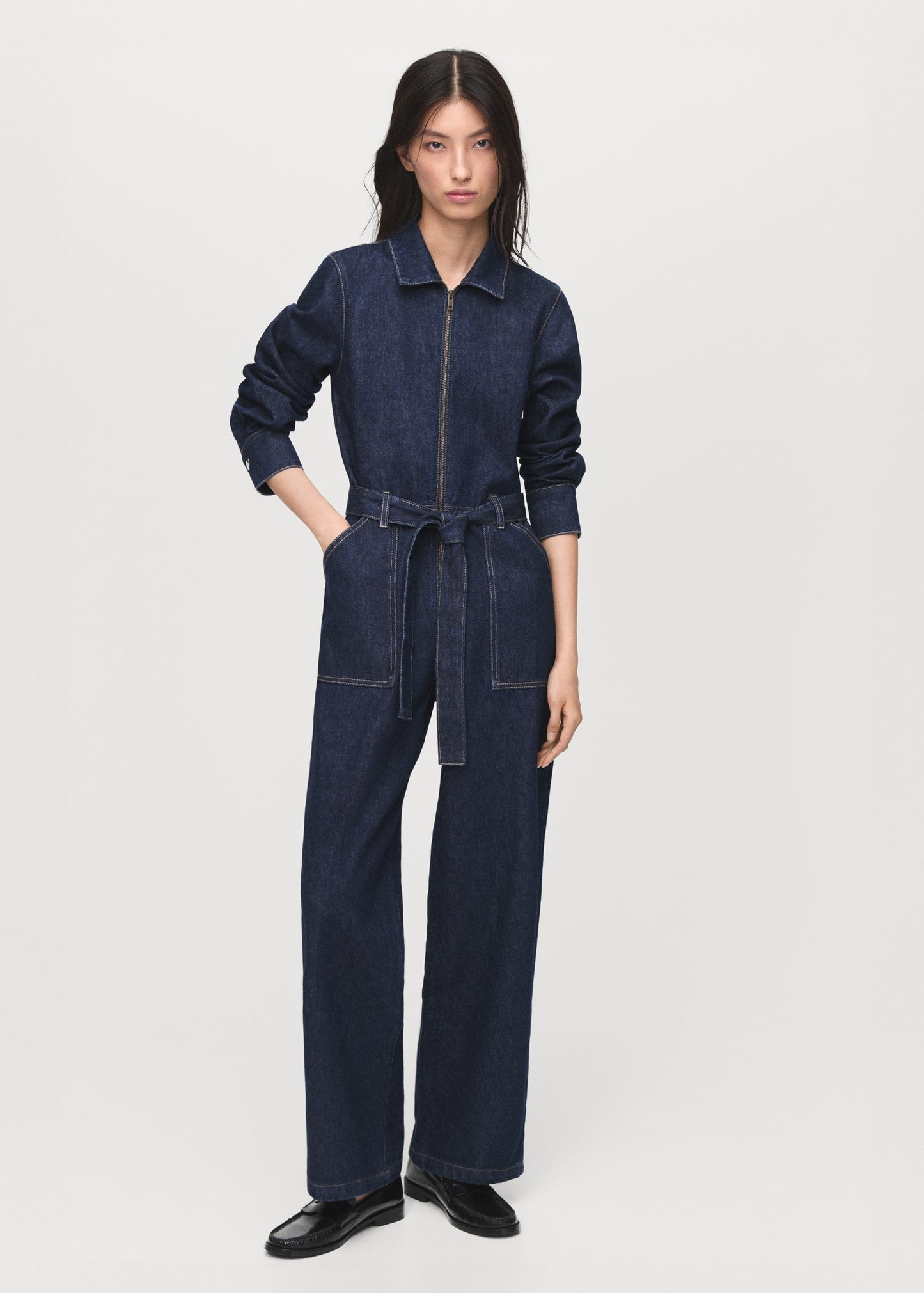 Belt denim jumpsuit