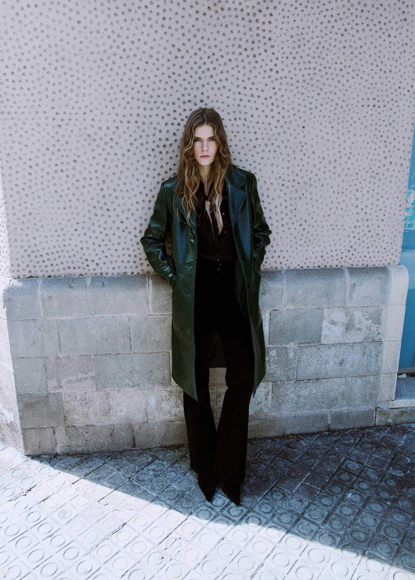 Long faux leather effect coat