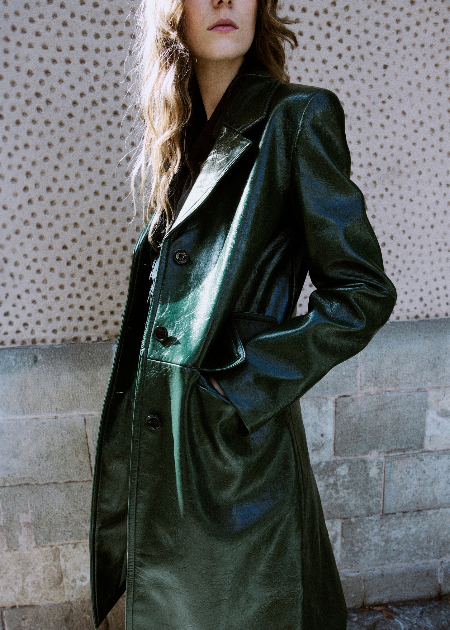 Long faux leather effect coat