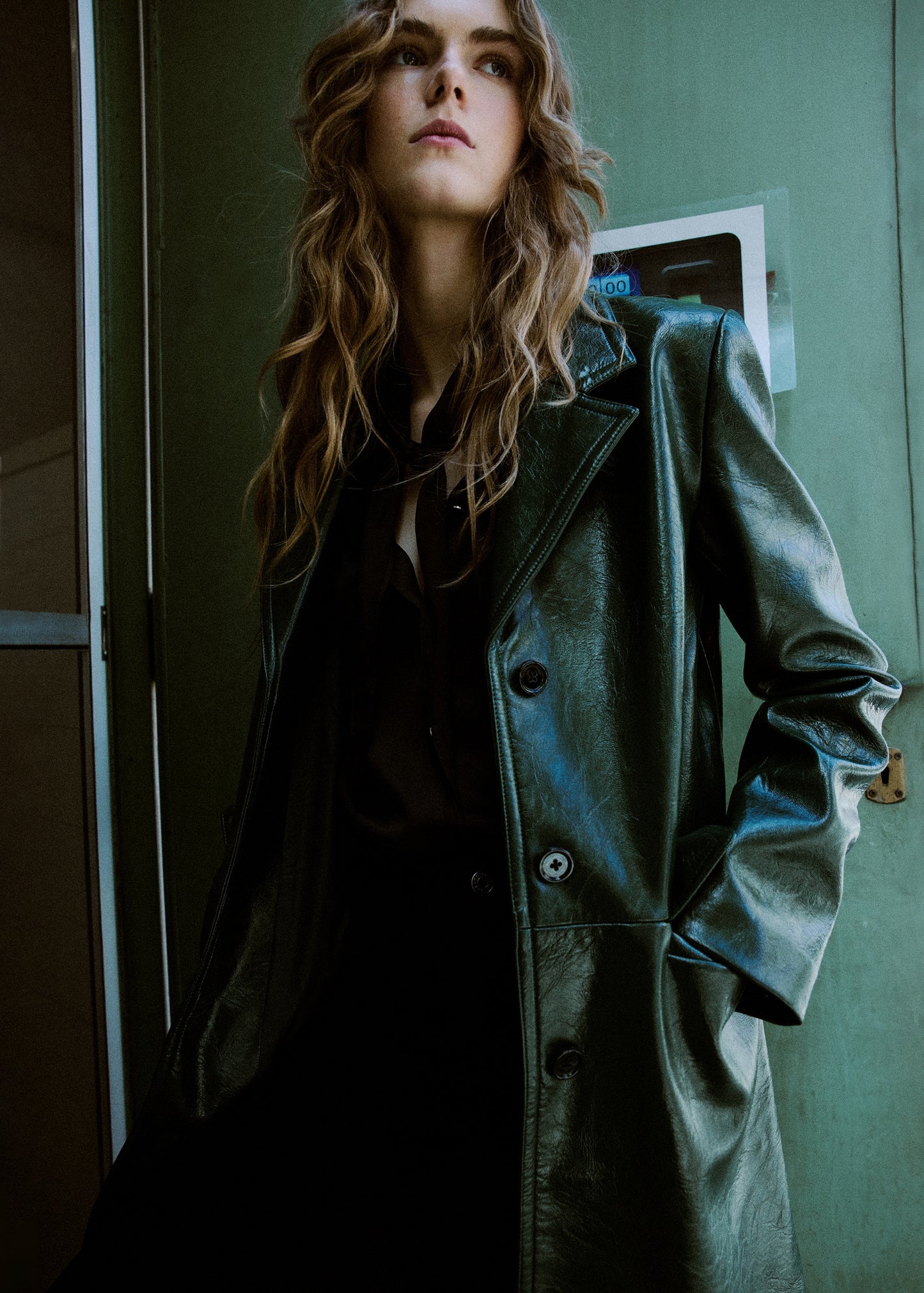 Long faux leather effect coat
