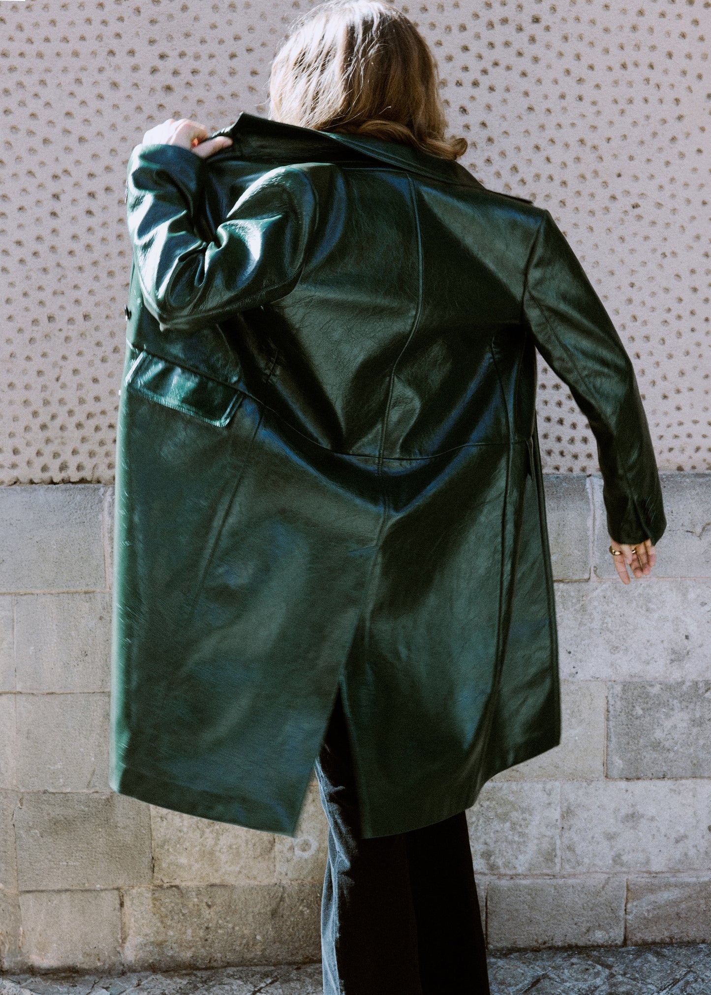 Long faux leather effect coat