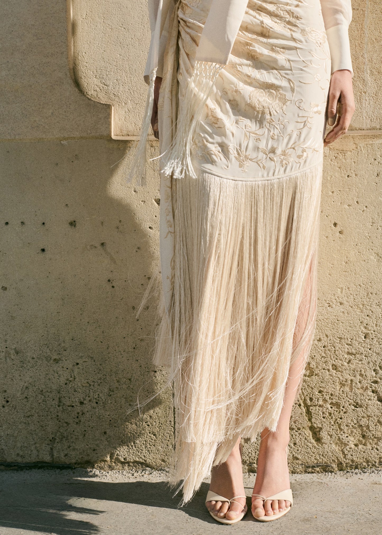 Embroidered fringe pareo-style skirt