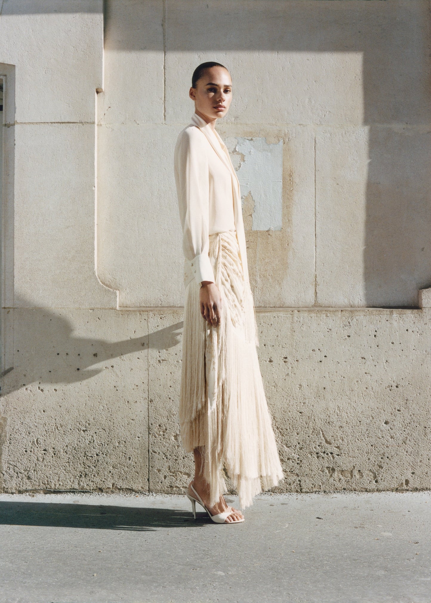 Embroidered fringe pareo-style skirt