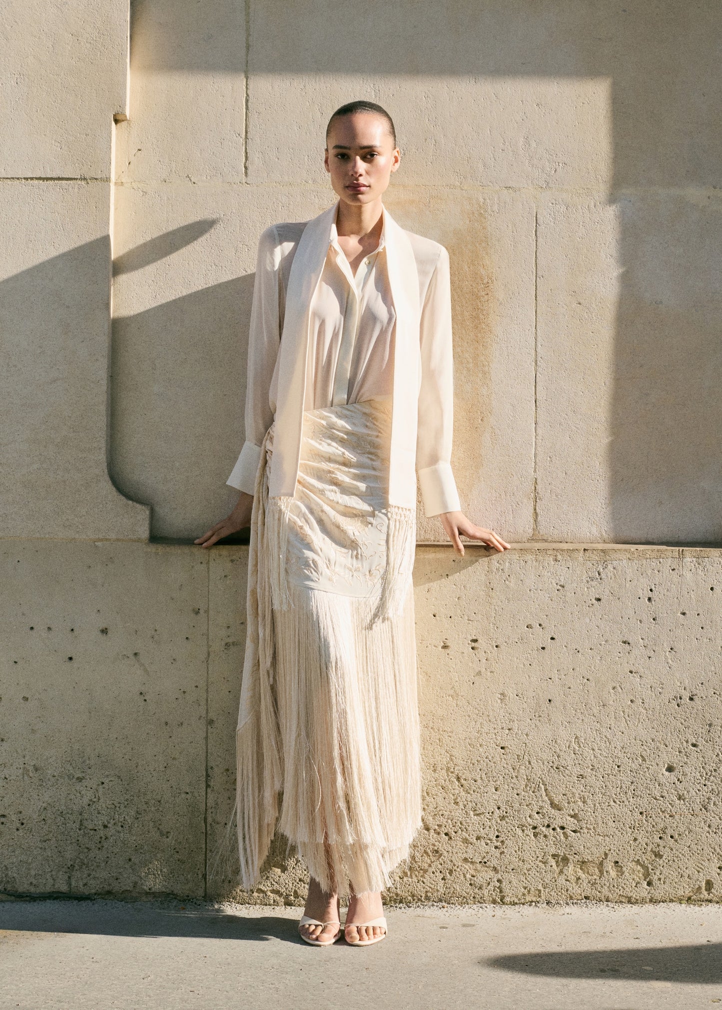 Embroidered fringe pareo-style skirt