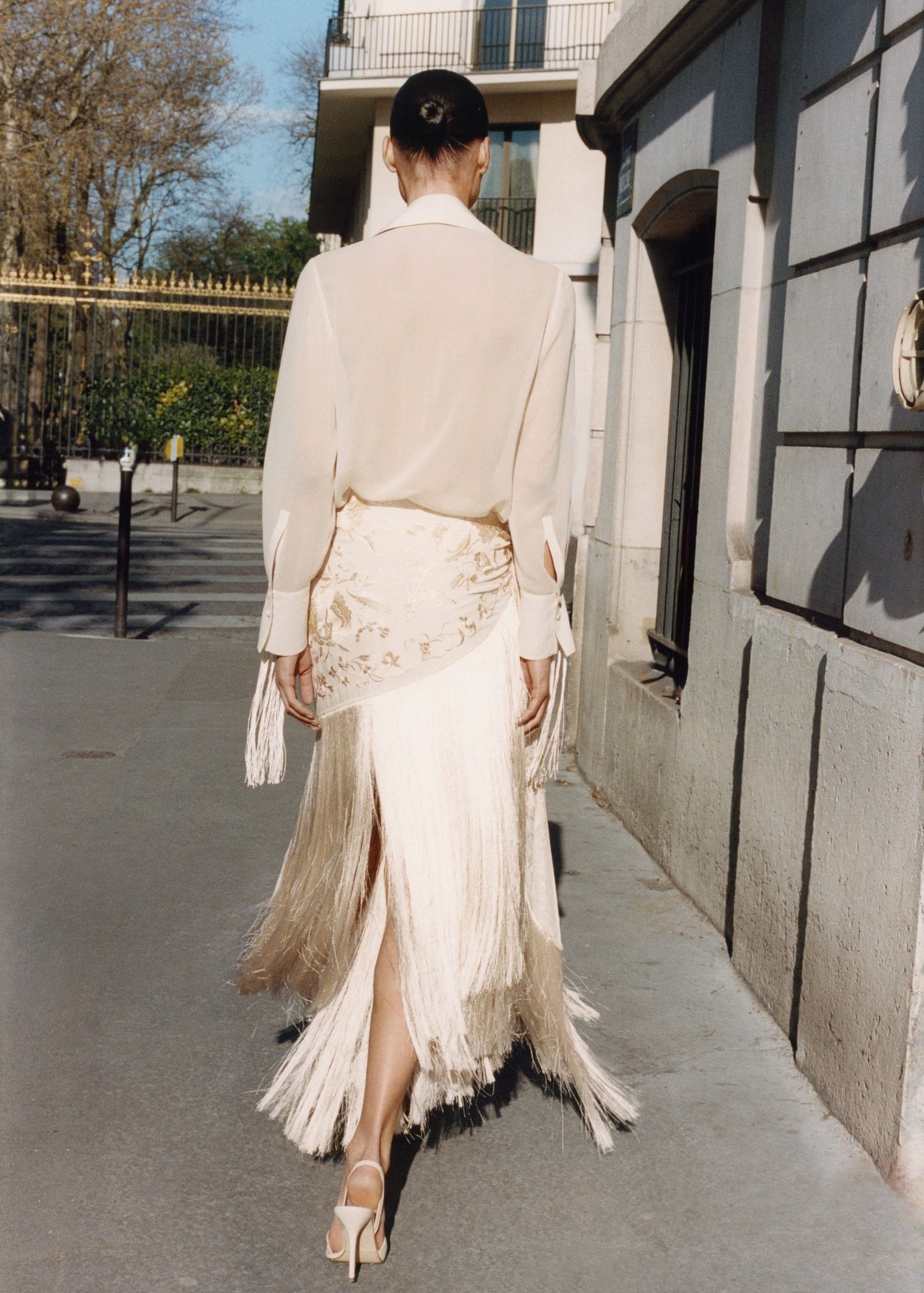 Embroidered fringe pareo-style skirt