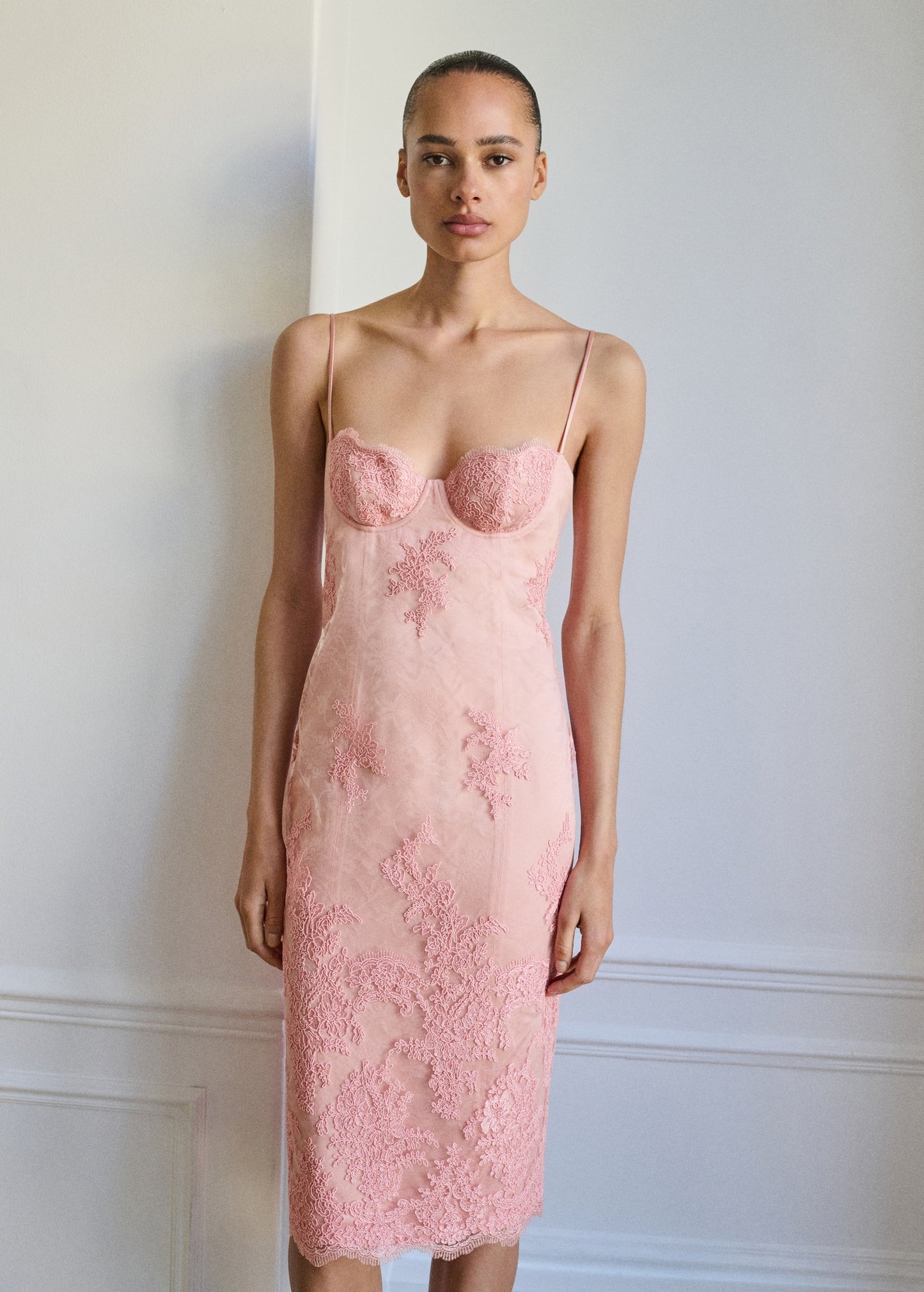 Lace dress with structured neckline
