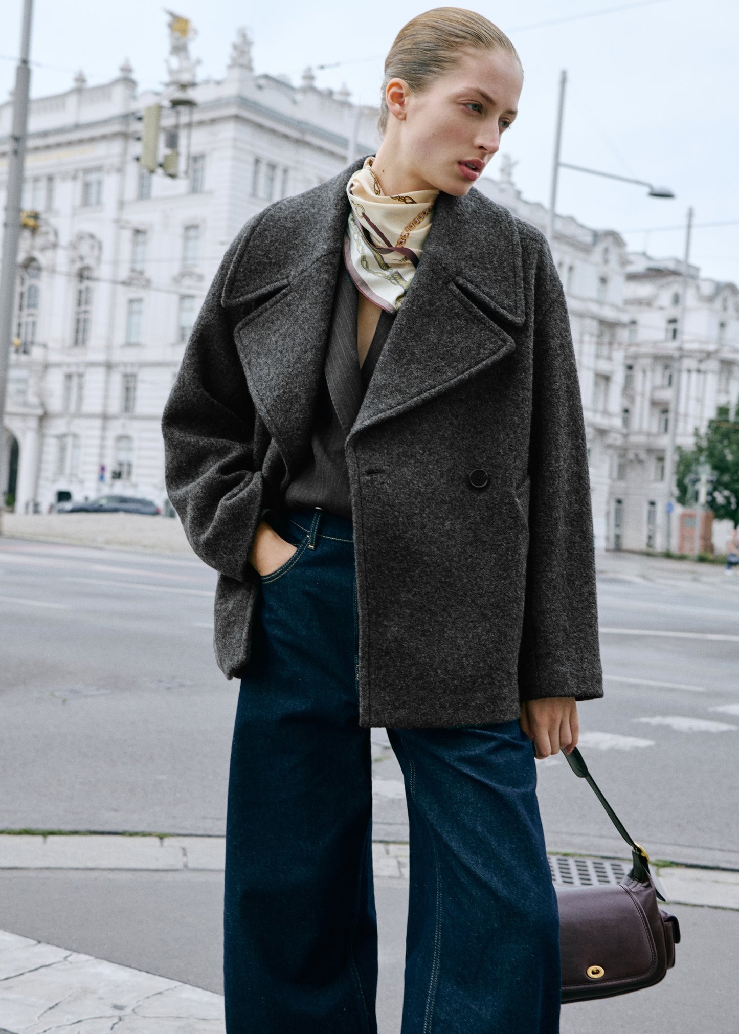 Wide lapel wool-blend coat