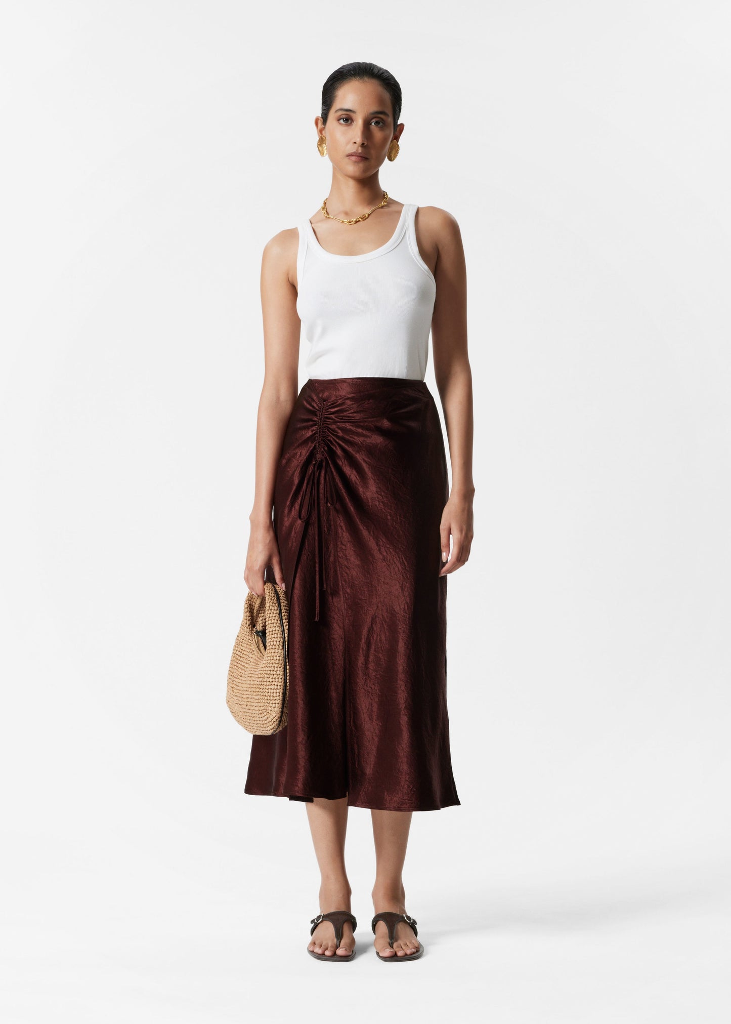 Drawstring Satin Midi Skirt