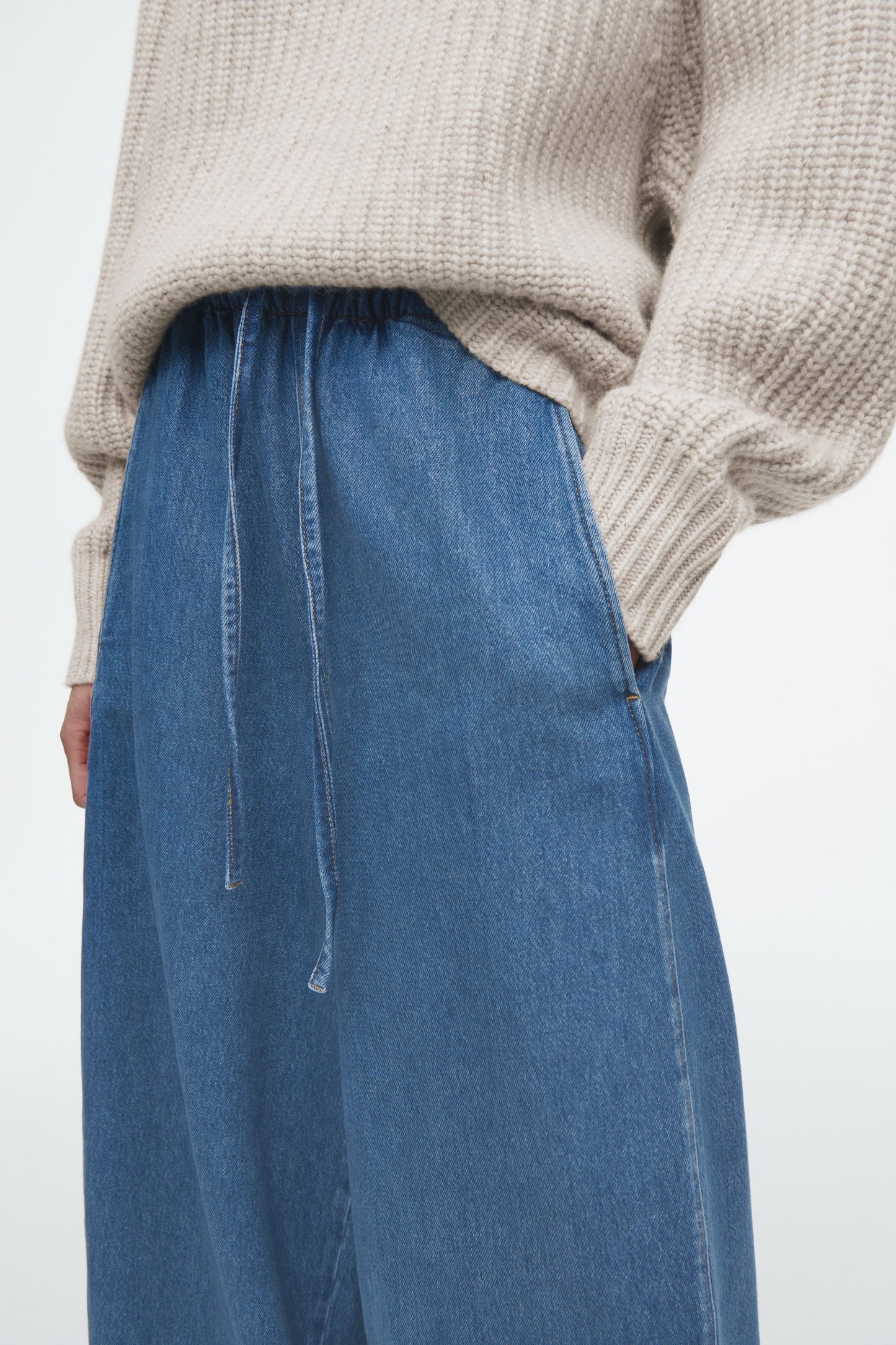 Barrel-Leg Denim Drawstring Trousers