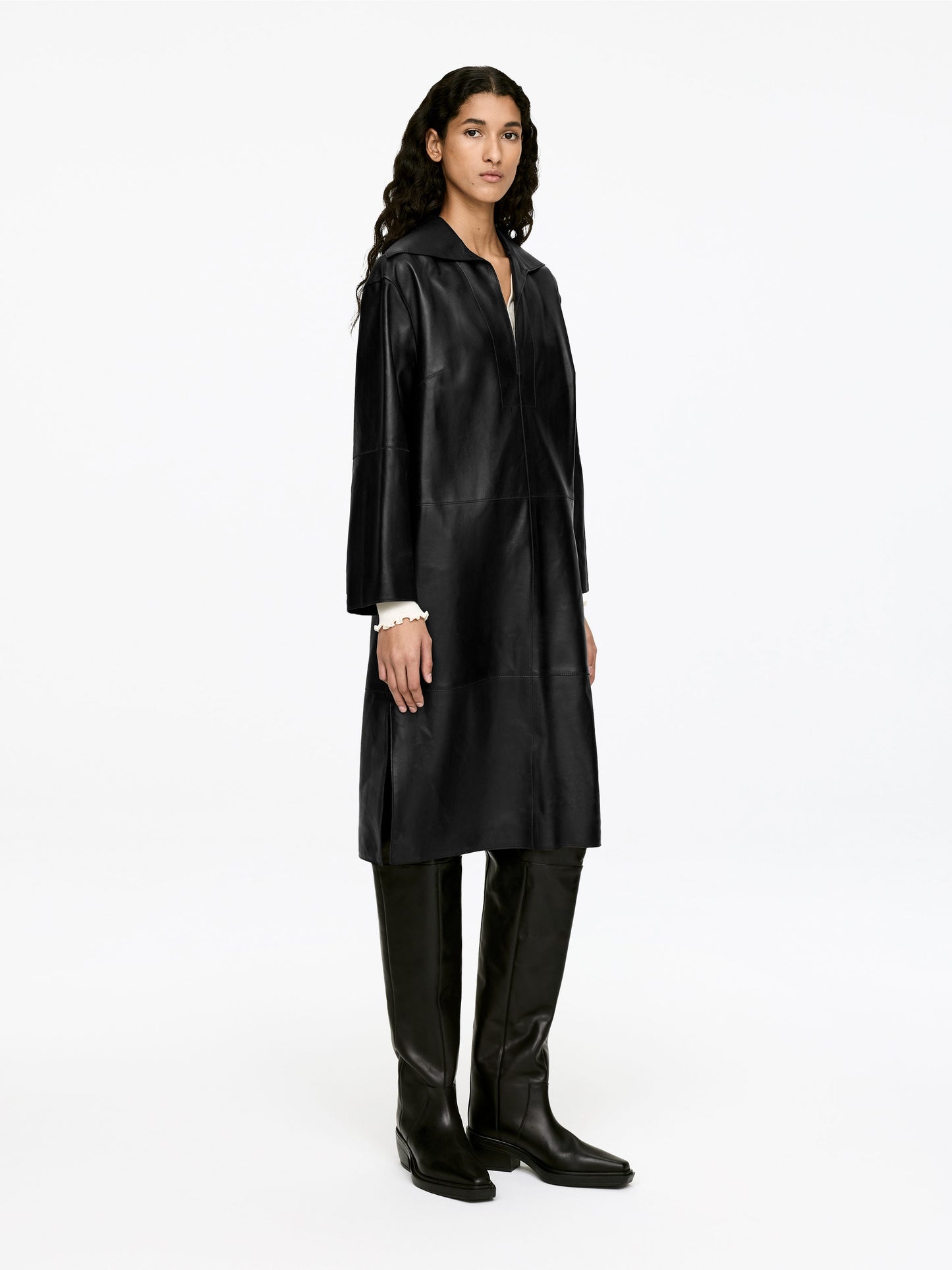 Open-Collar Leather Dress