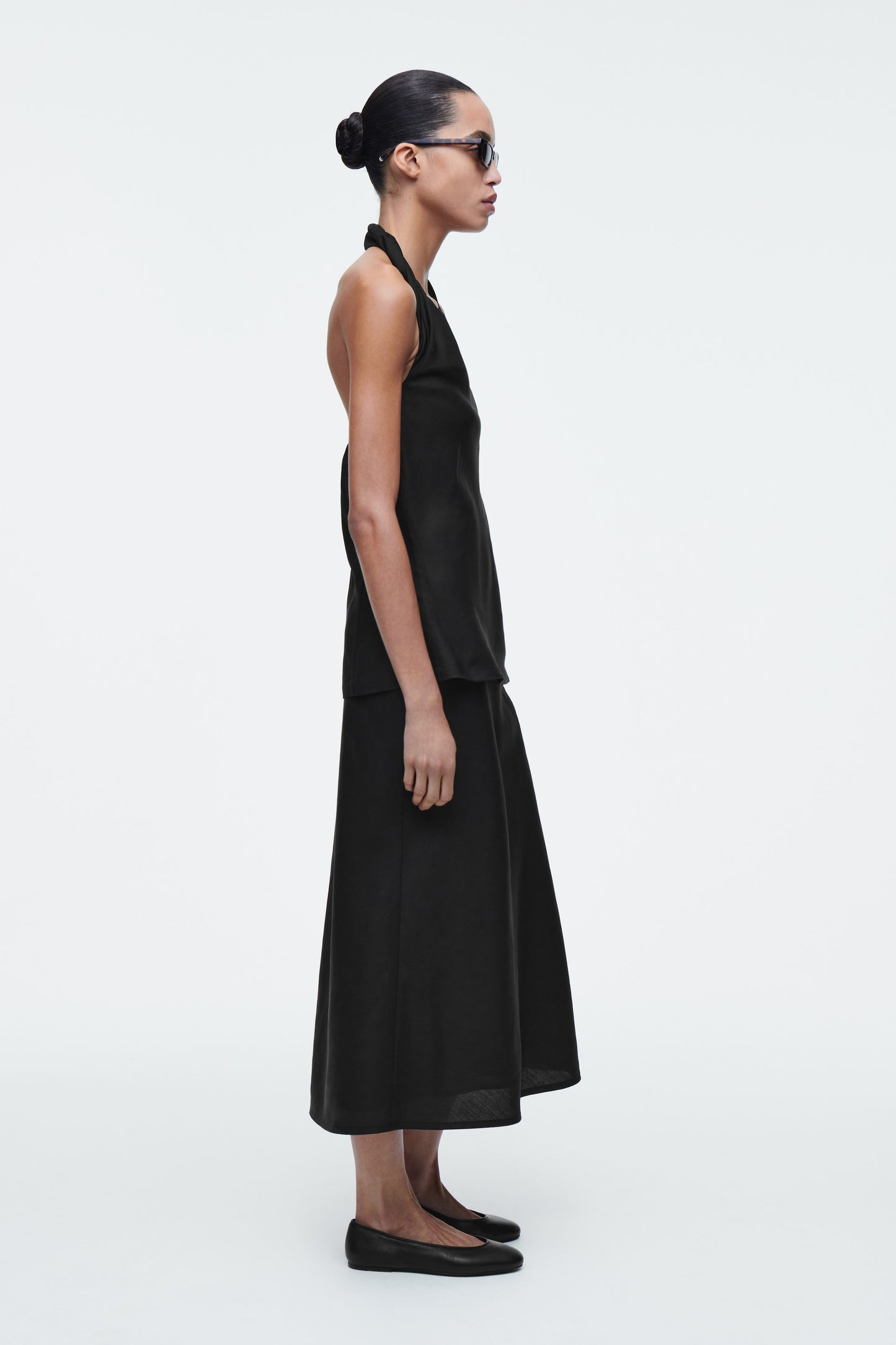 Linen-blend midi column skirt