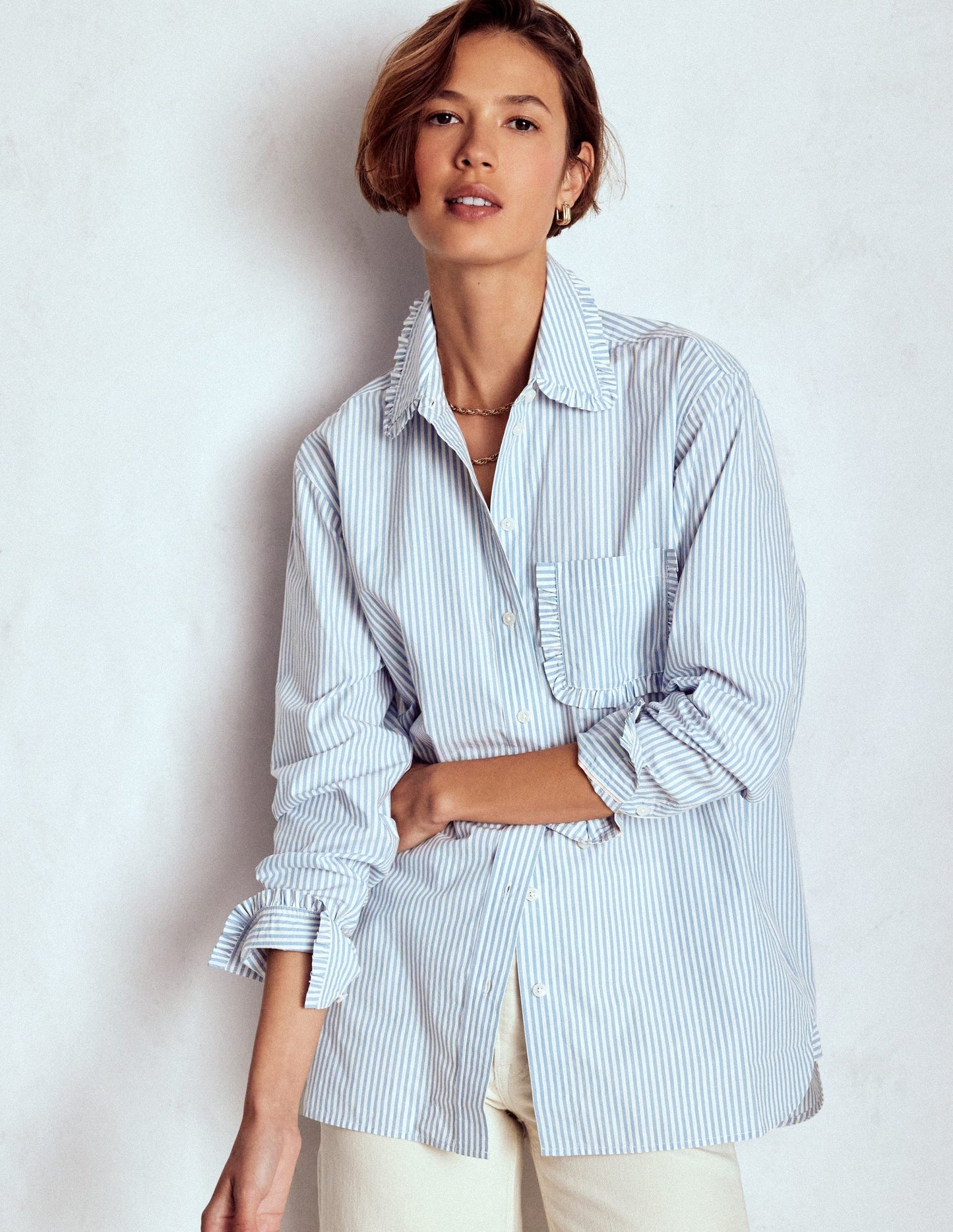 Sadie Relaxed Cotton Shirt-Faded Denim and Ivory Stripe