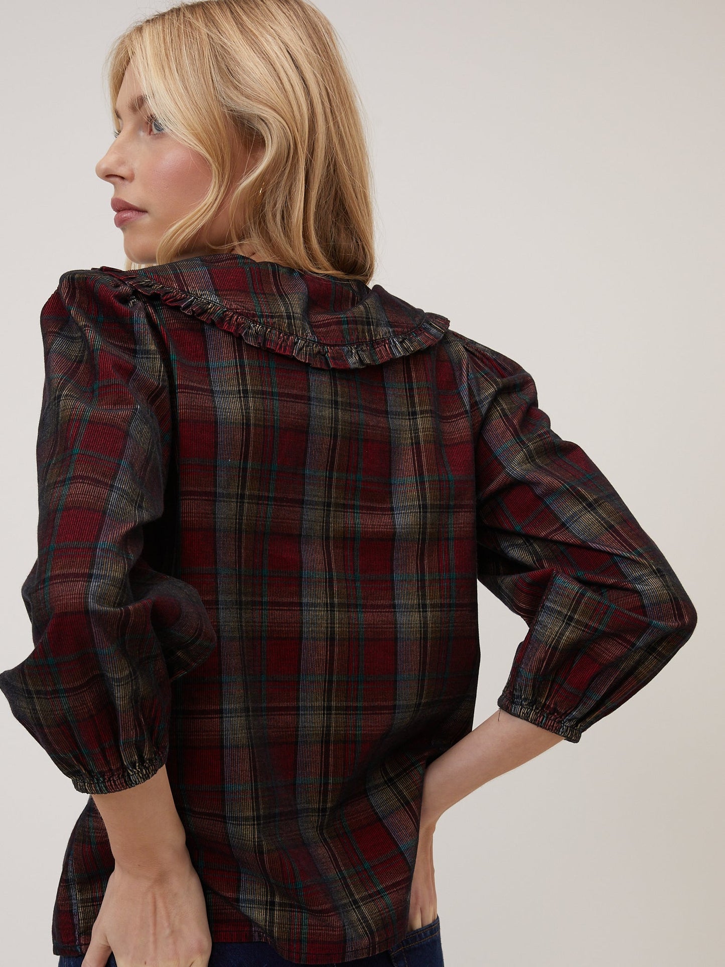 Burgundy Tartan Cord Peter Pan Collar Emmie Blouse