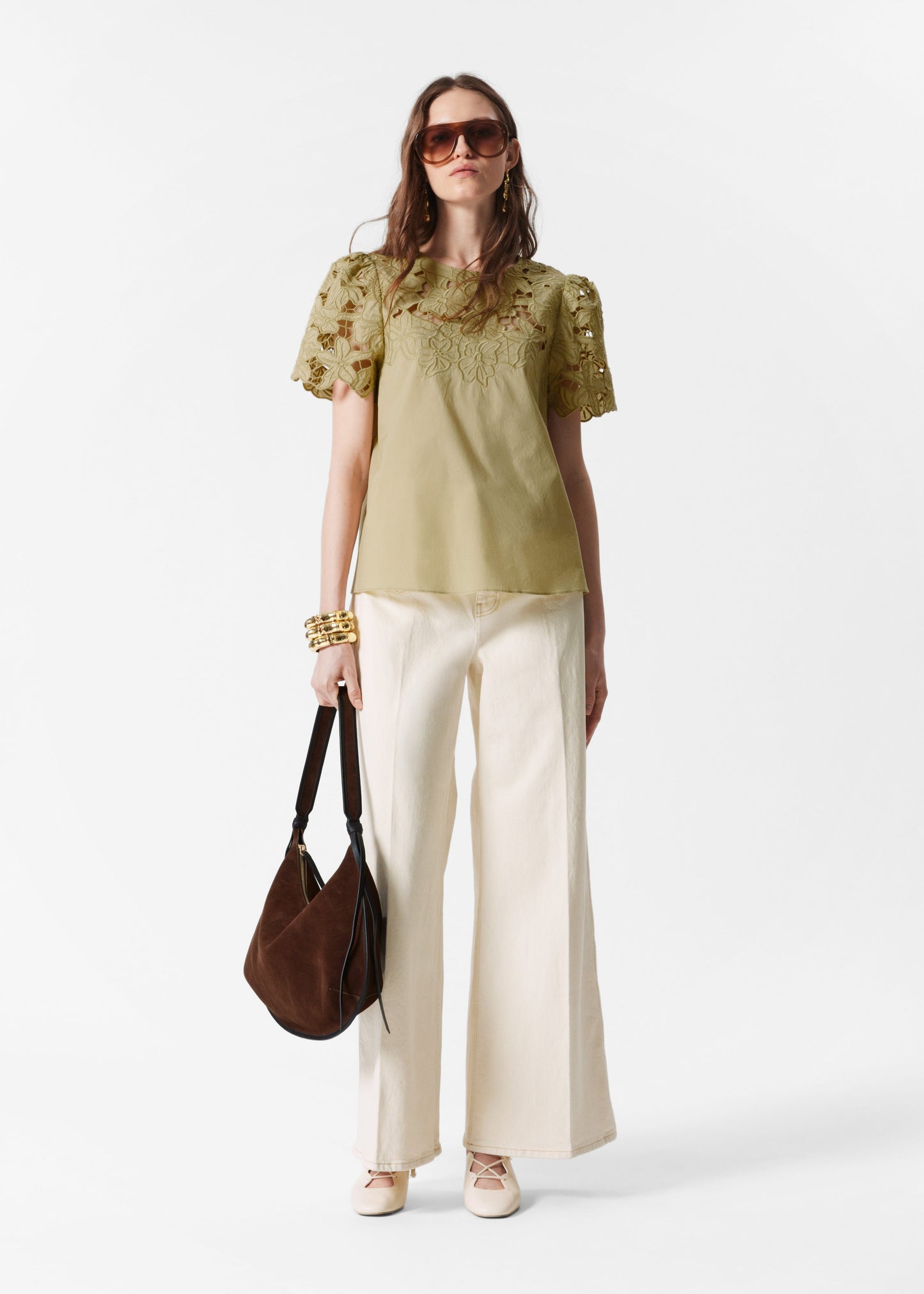 Short-Sleeve Floral-Embroidery Blouse