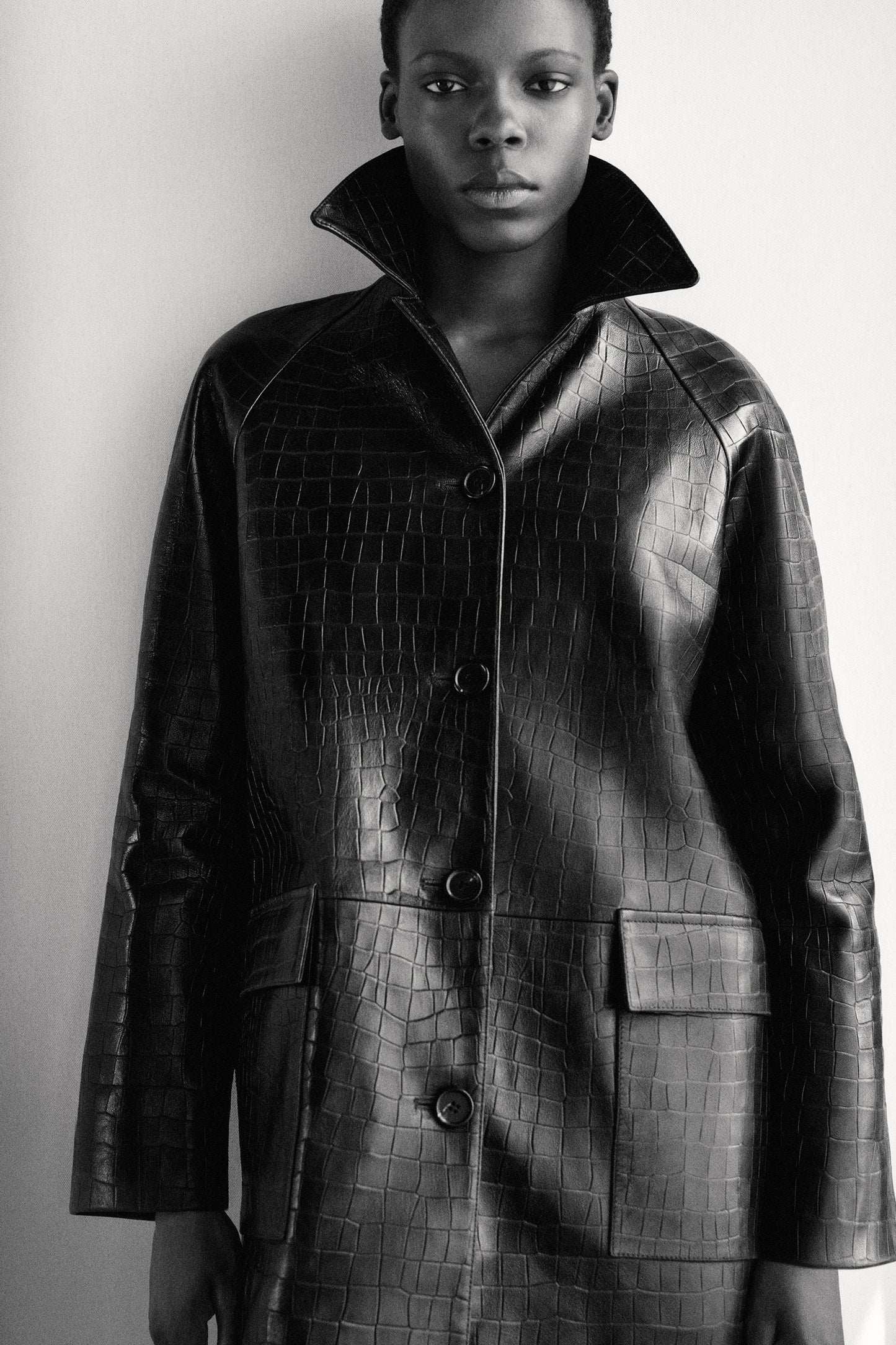 Croc-Effect Leather Coat