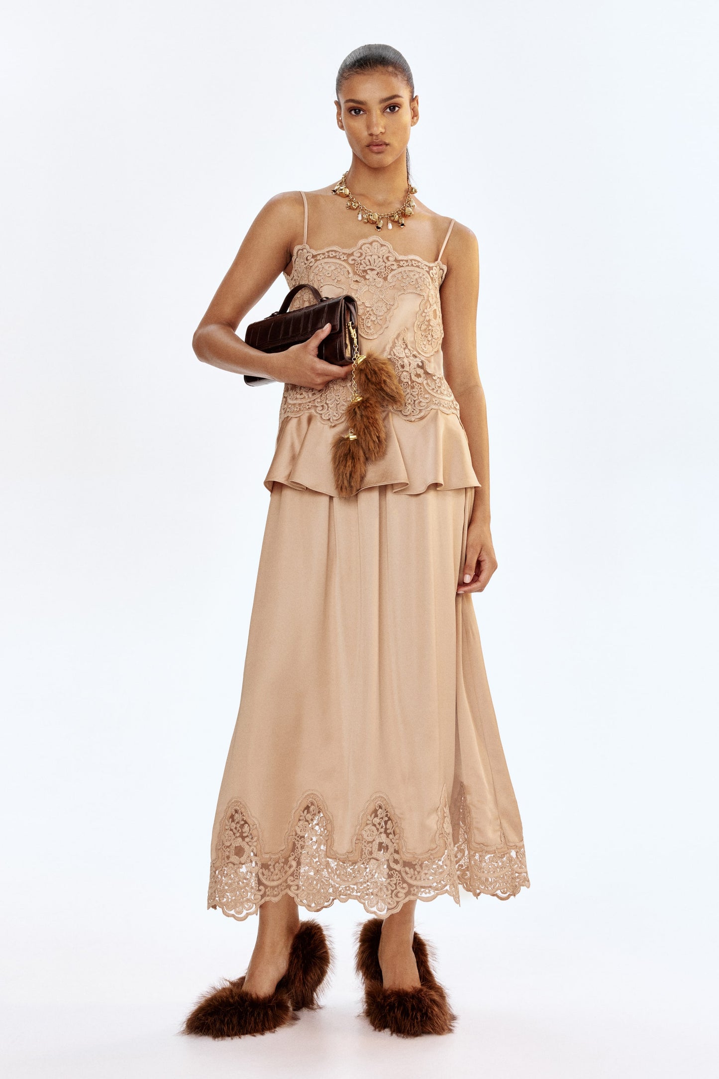 Lace-trimmed satin skirt