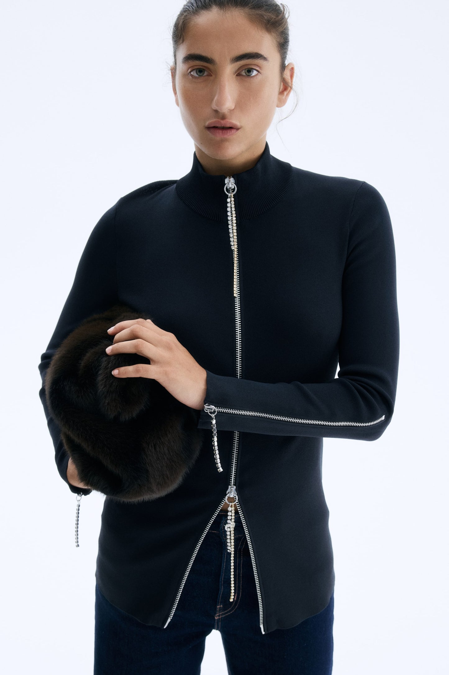 Rhinestone-detail zip-through top