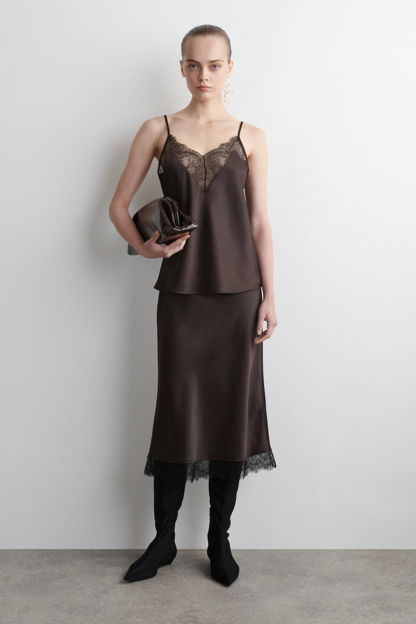 Lace-Trimmed Satin Midi Skirt