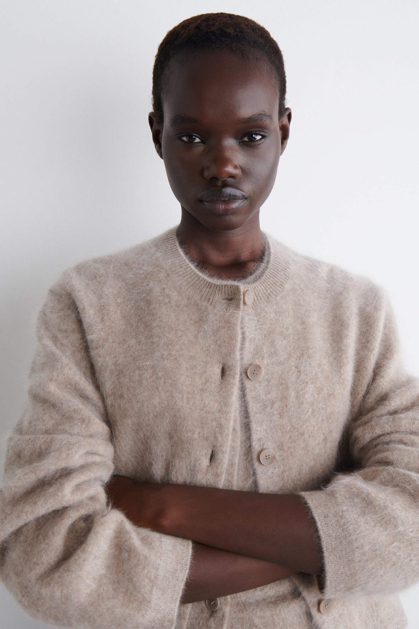 Brushed-Cashmere Crew-Neck Cardigan