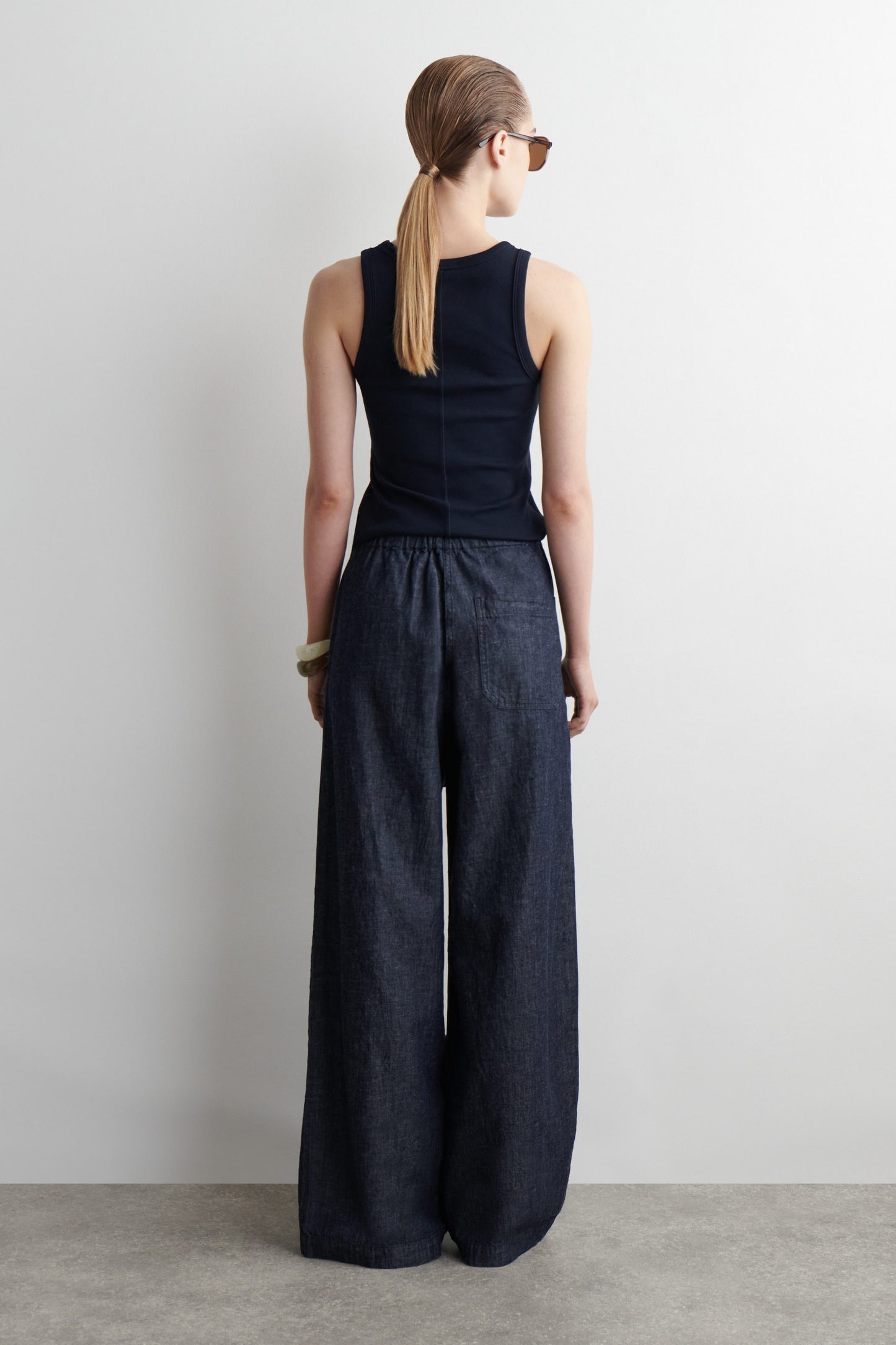 Denim wide-leg drawstring trousers